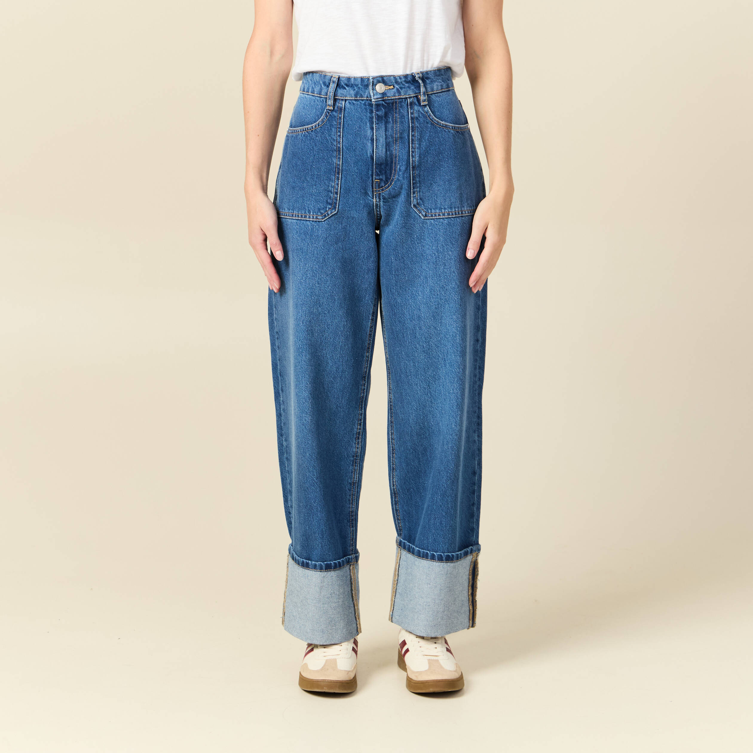 Jeans wide large taille haute denim stone femme