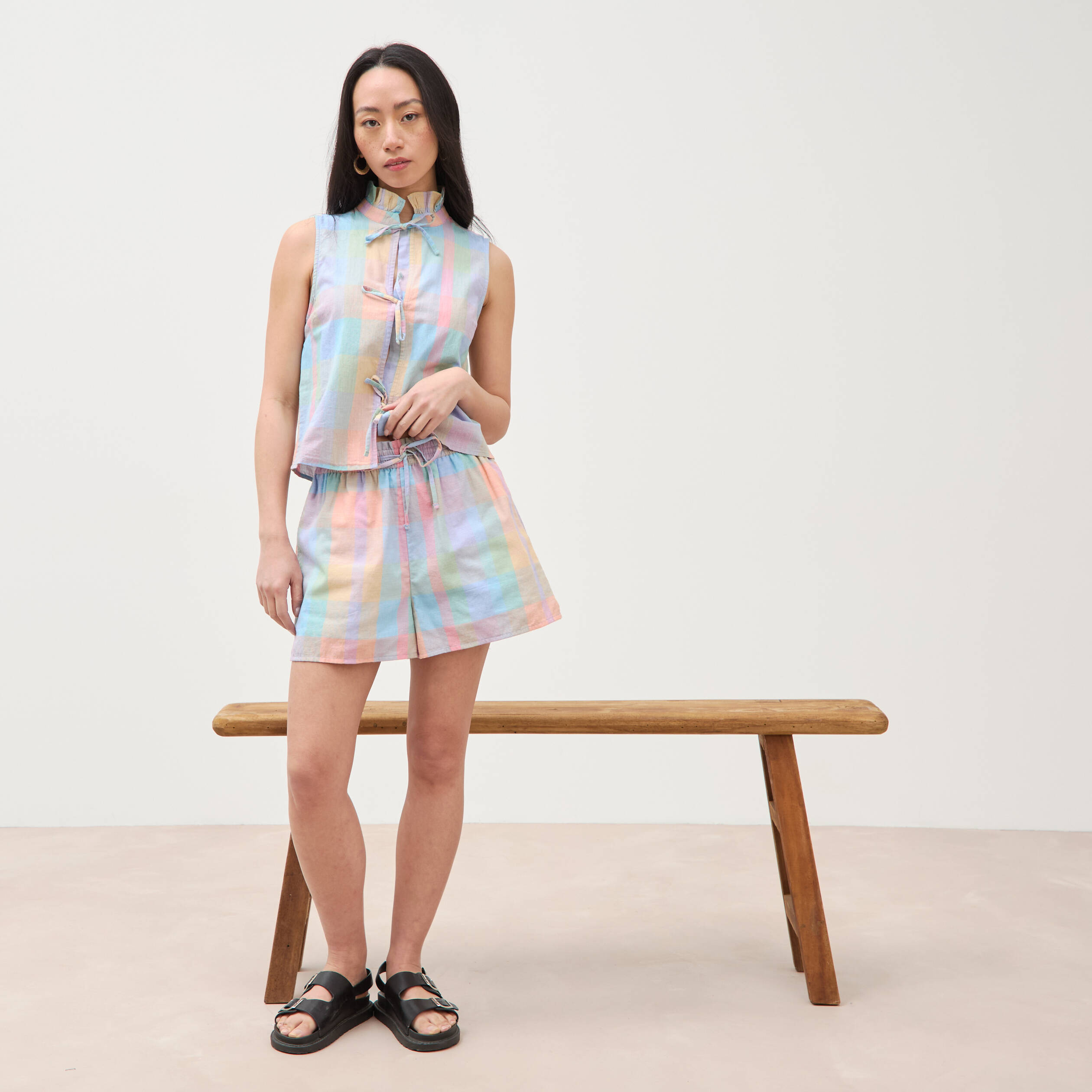Short &agrave; carreaux en coton doubl&eacute; multicolore femme