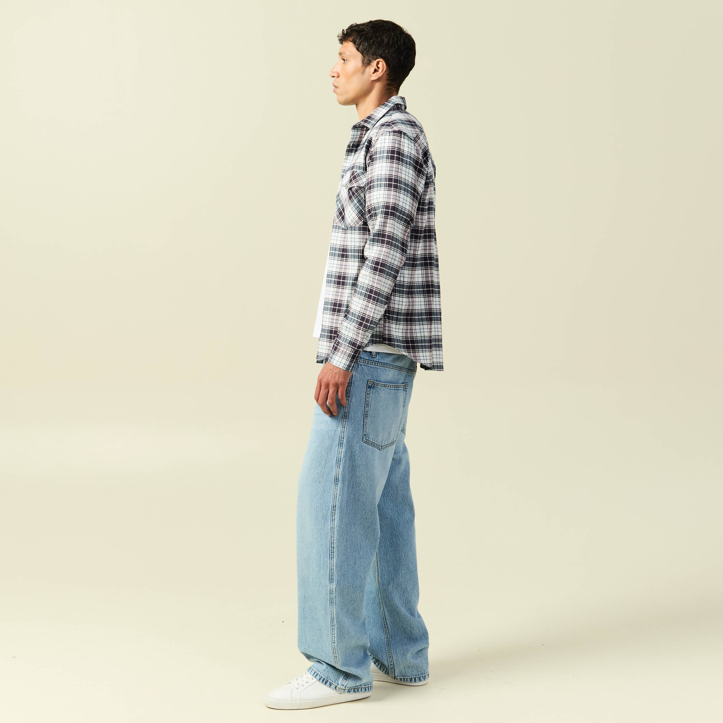 Chemise &agrave; carreaux manches longues ecru homme