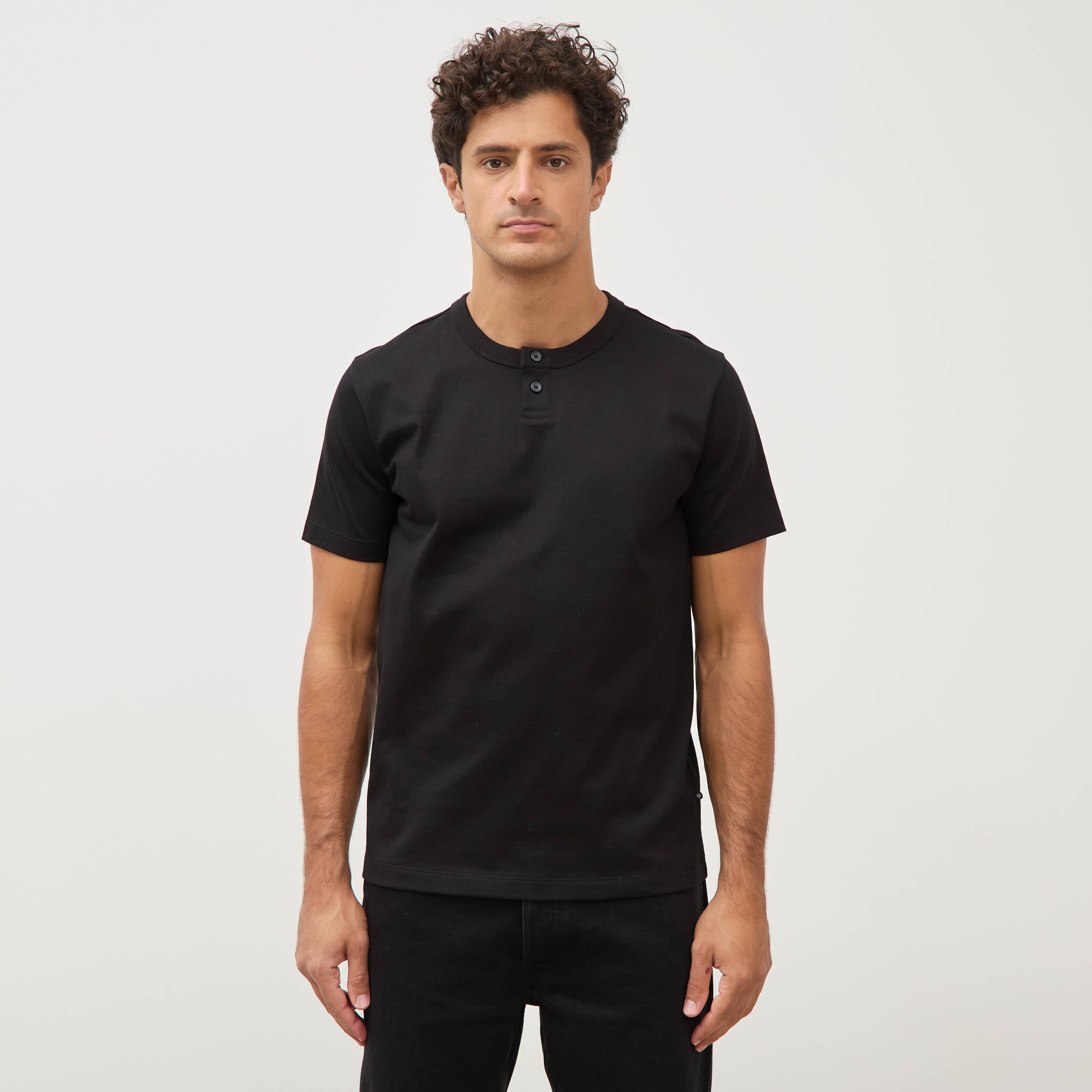 T-shirt col mao manches courtes en coton noir homme