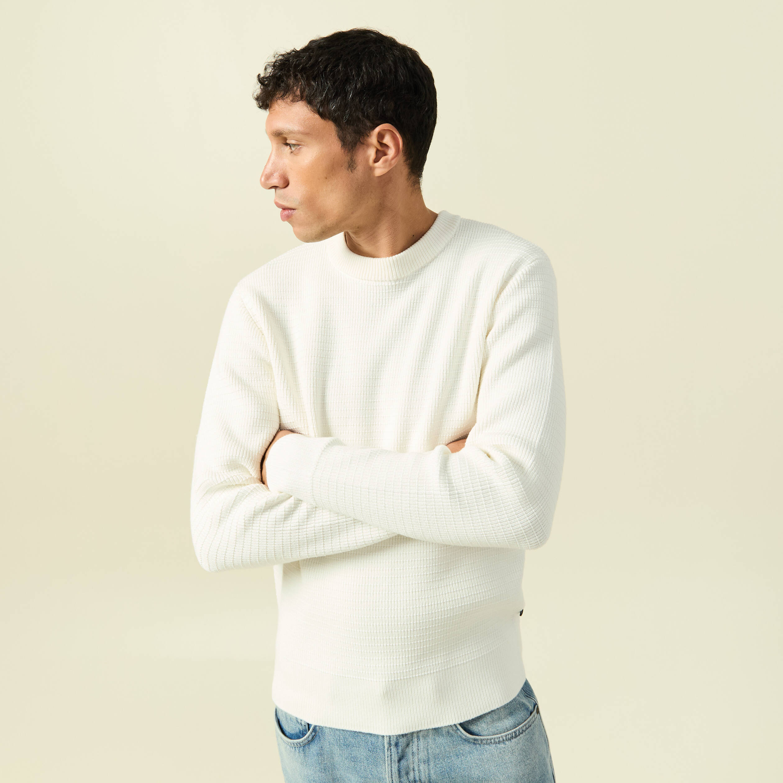 Pull col rond manches longues ecru homme