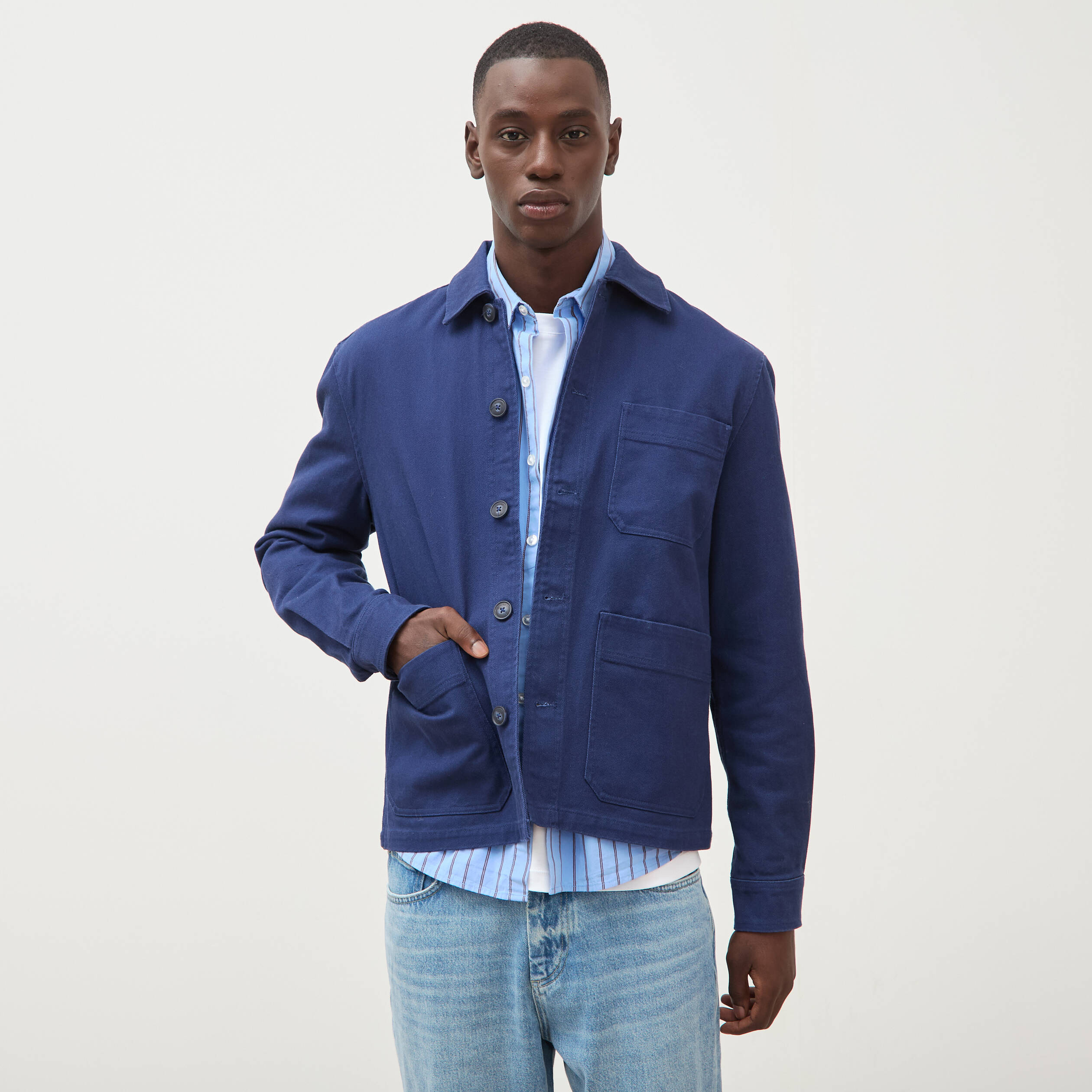 Surchemise droite en coton bleu fonc&eacute; homme