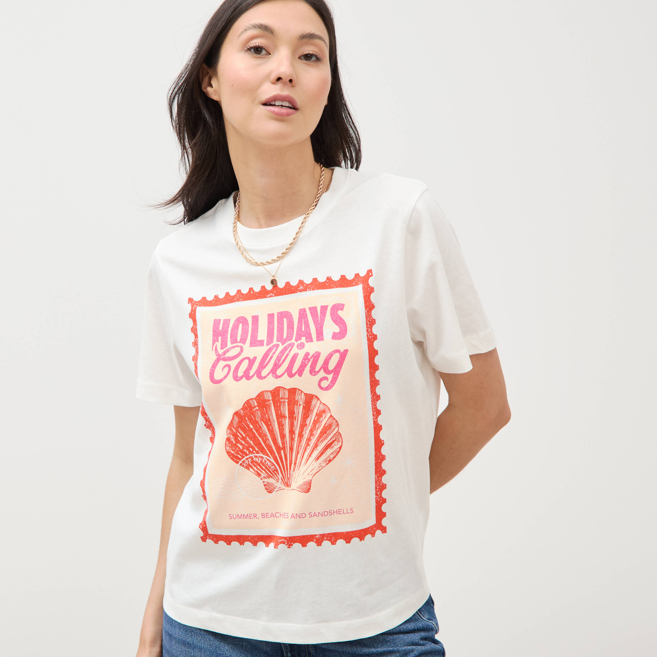 T-shirt droit en coton manches courtes ecru femme