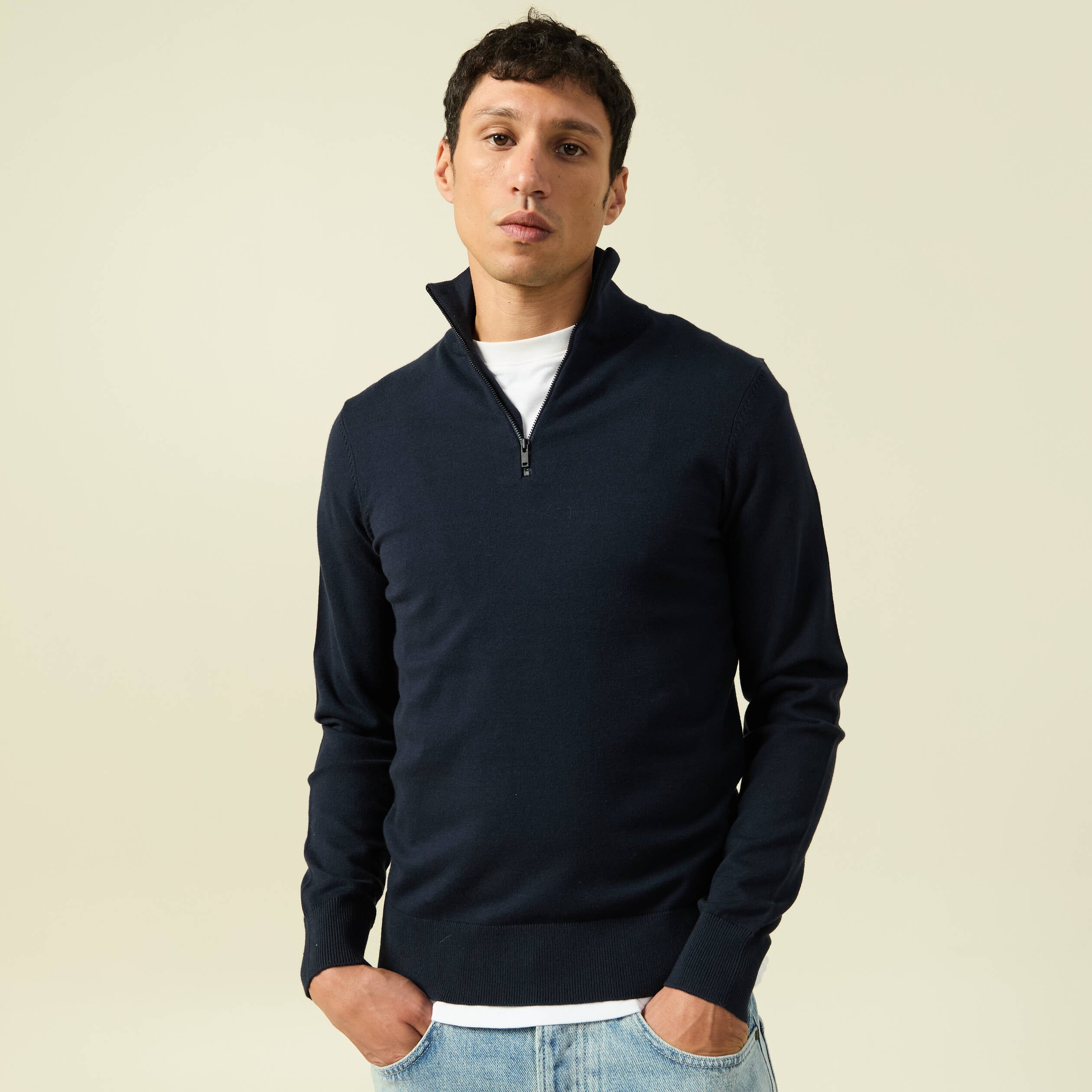Pull fin col camionneur manches longues bleu marine homme