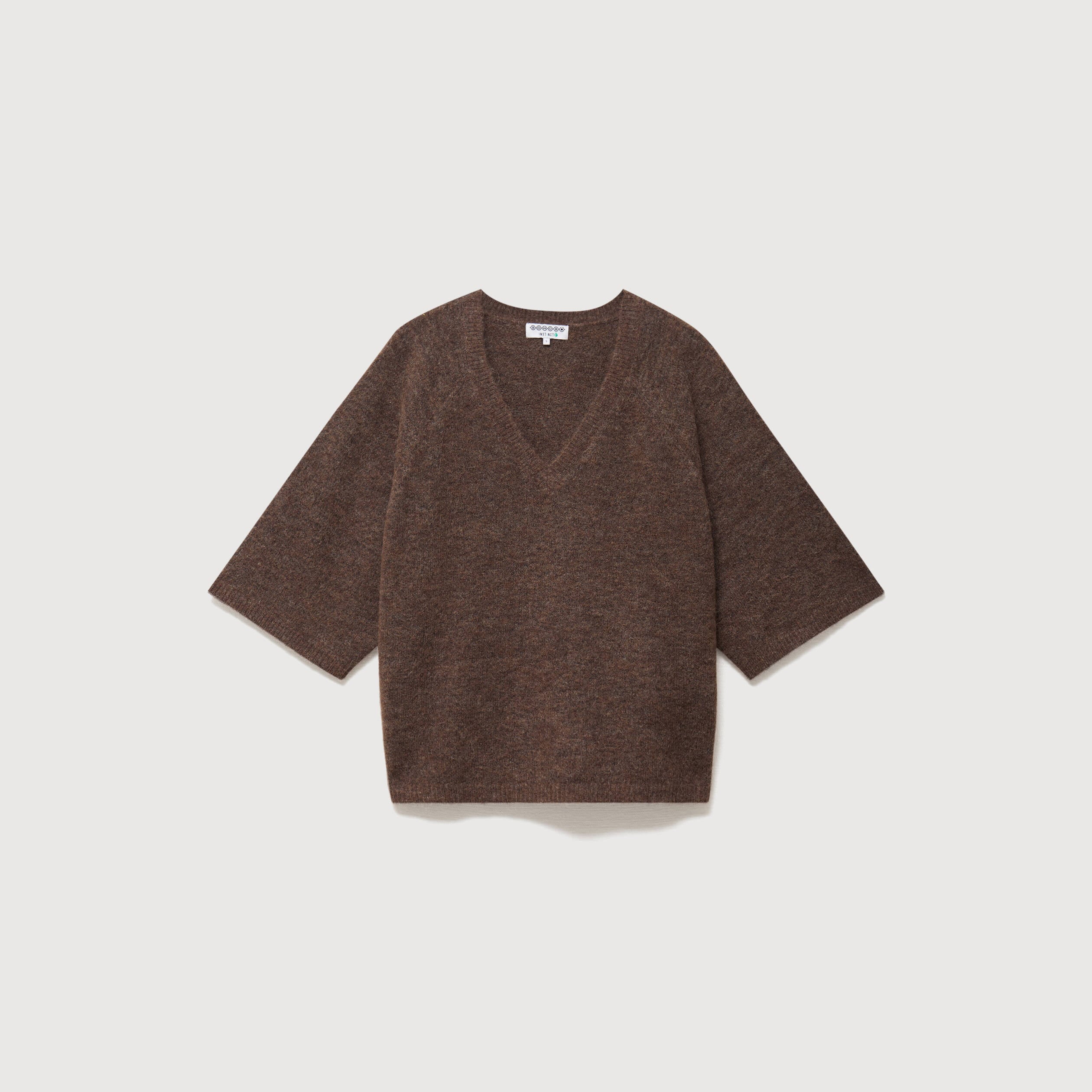 Pull droit court col v manches courtes marron femme