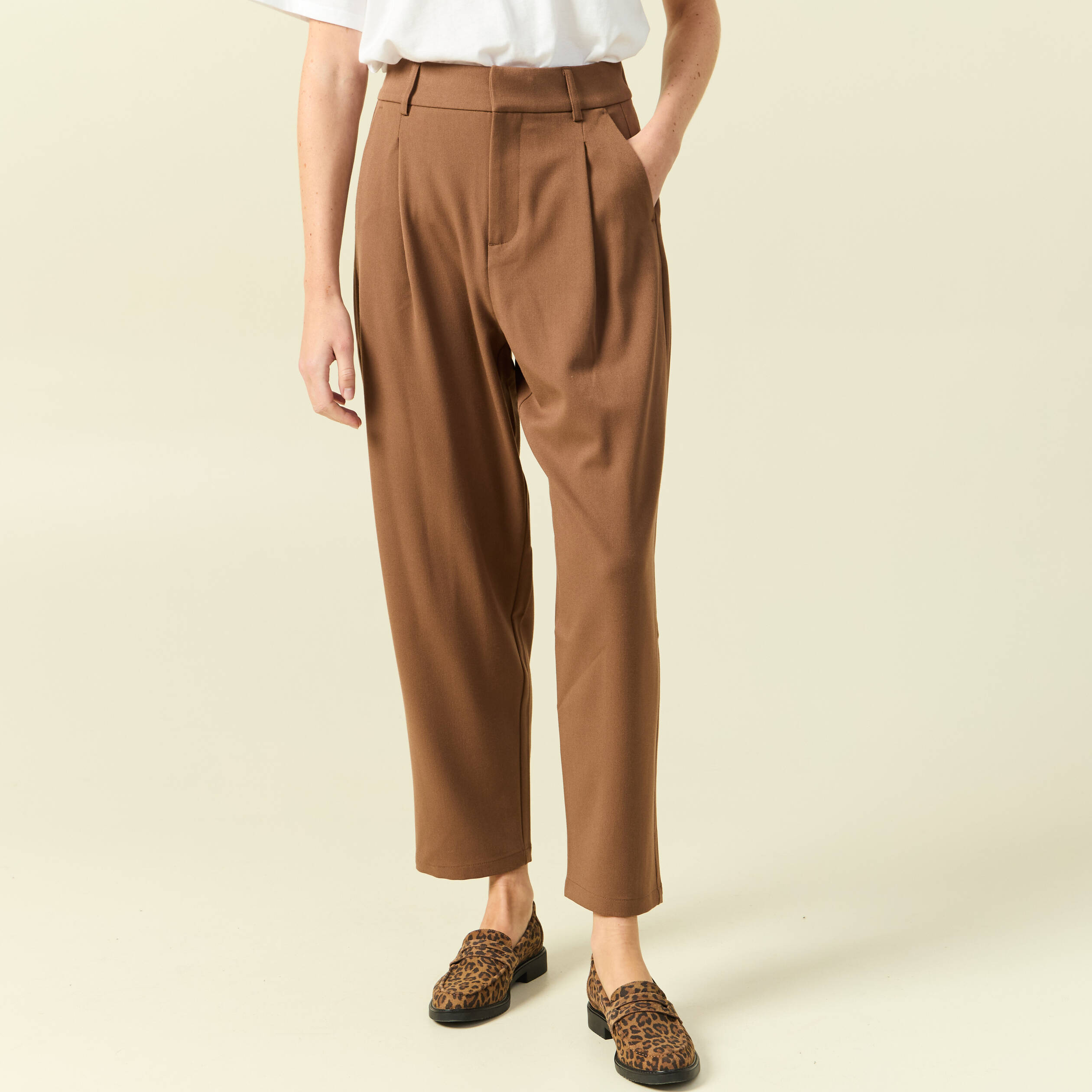 Pantalon slouchy taille haute 7/8ème marron femme