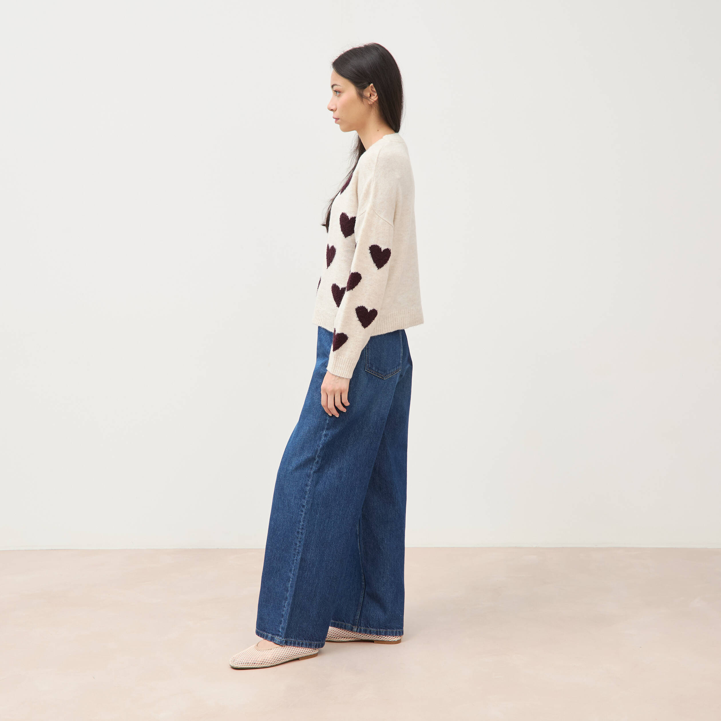 Pull manches longues bouclette col rond prune femme