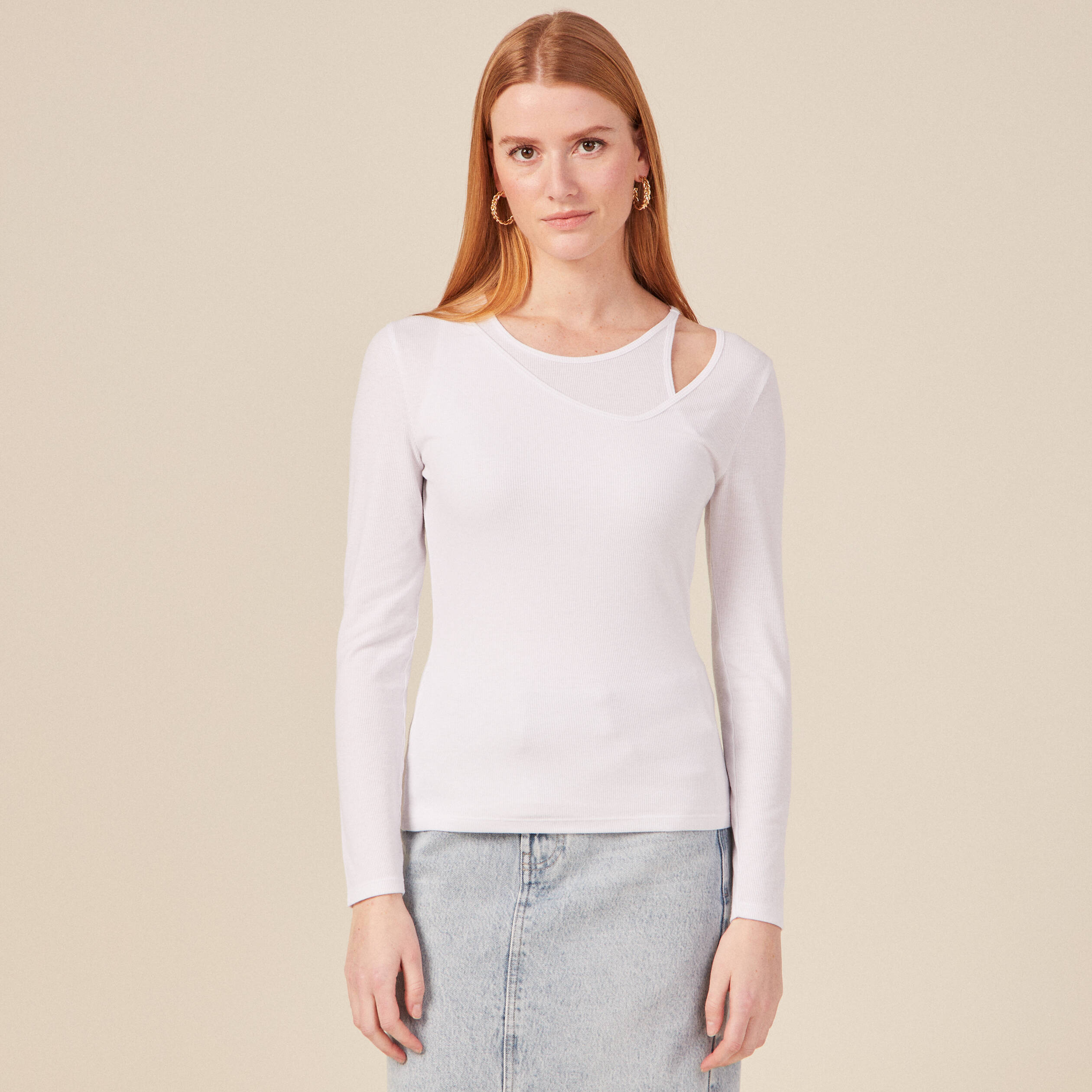 T-shirt ajust&eacute; d&eacute;collet&eacute; manches longues blanc femme