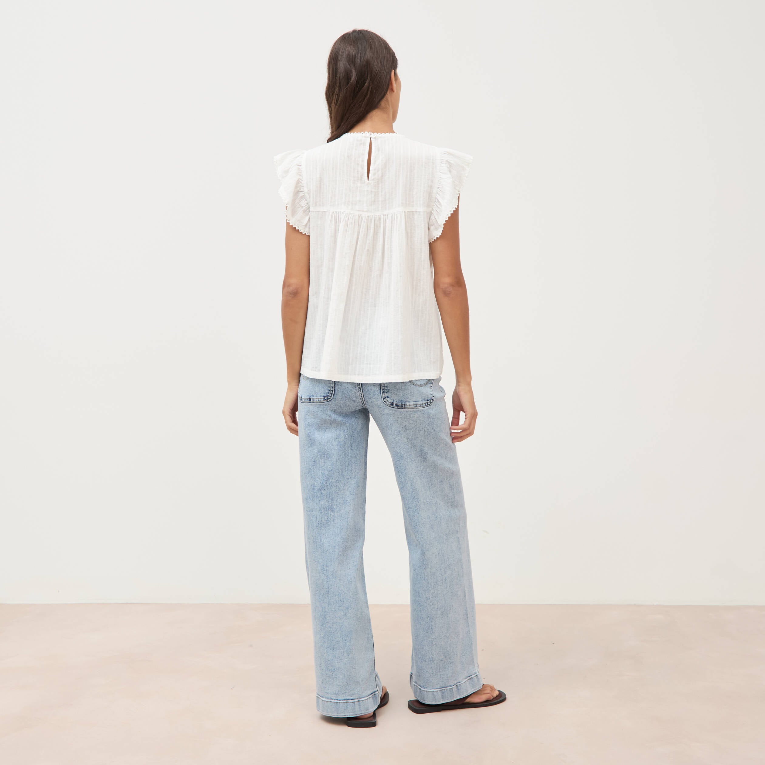 Top col rond manches courtes en coton ecru femme