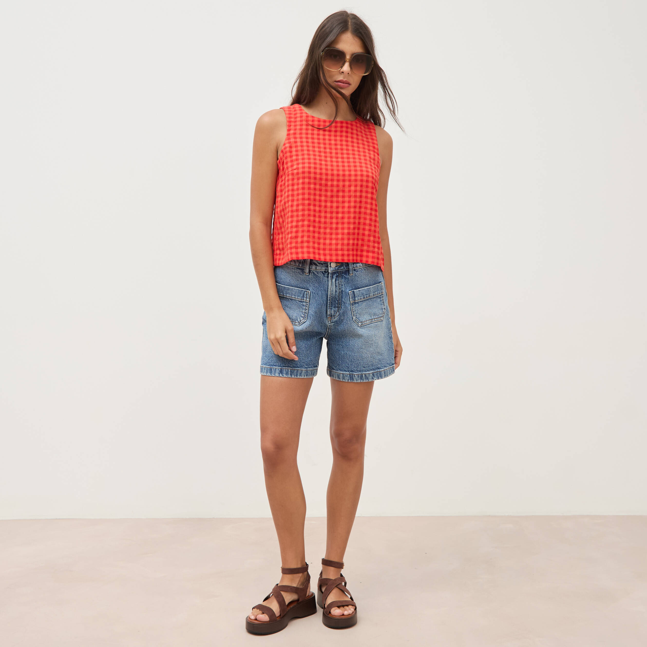 Blouse vichy droite cropped sans manches orange fonc&eacute; femme