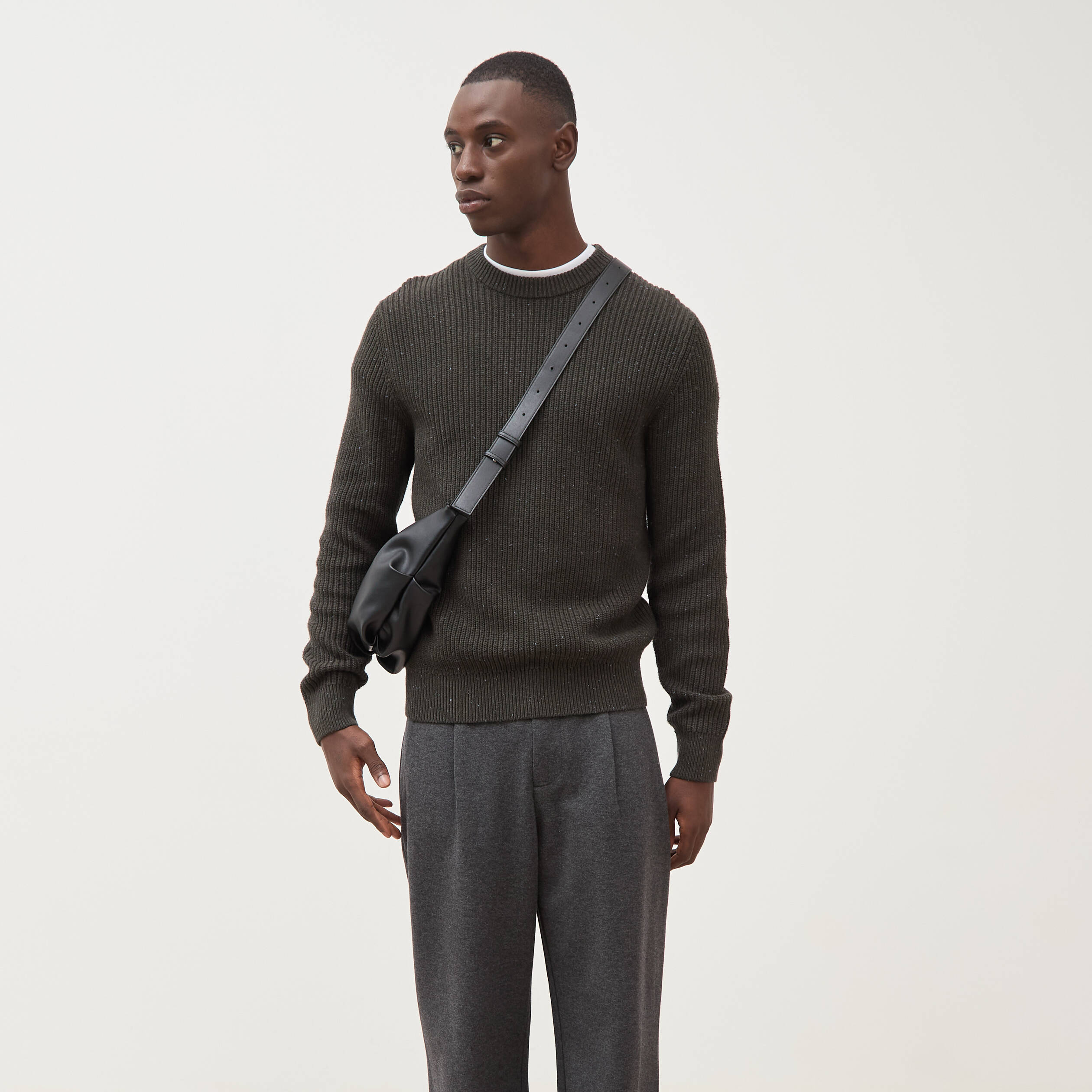 Pull col rond manches longues en coton vert kaki homme