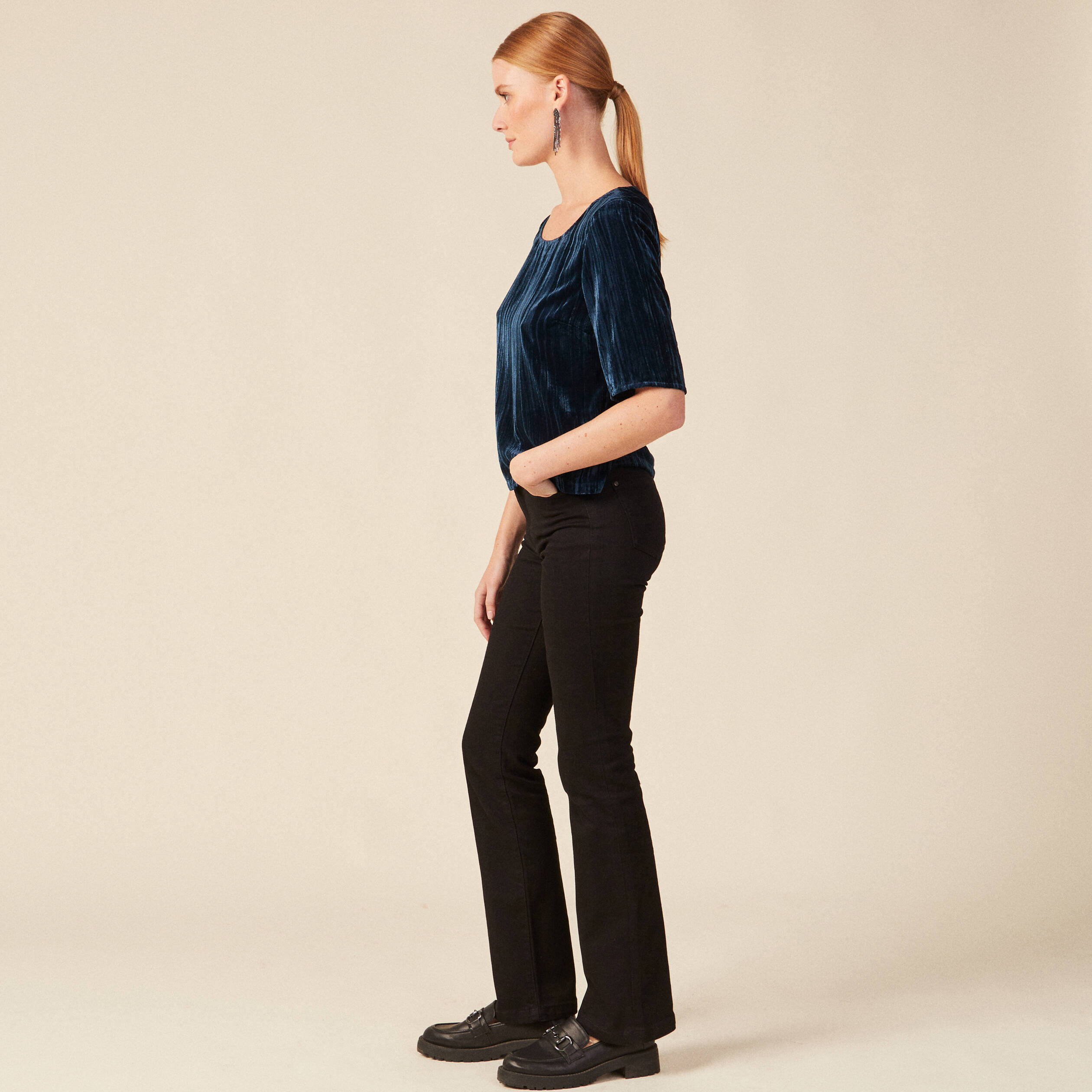 Blouse velours éco-responsable bleu canard femme