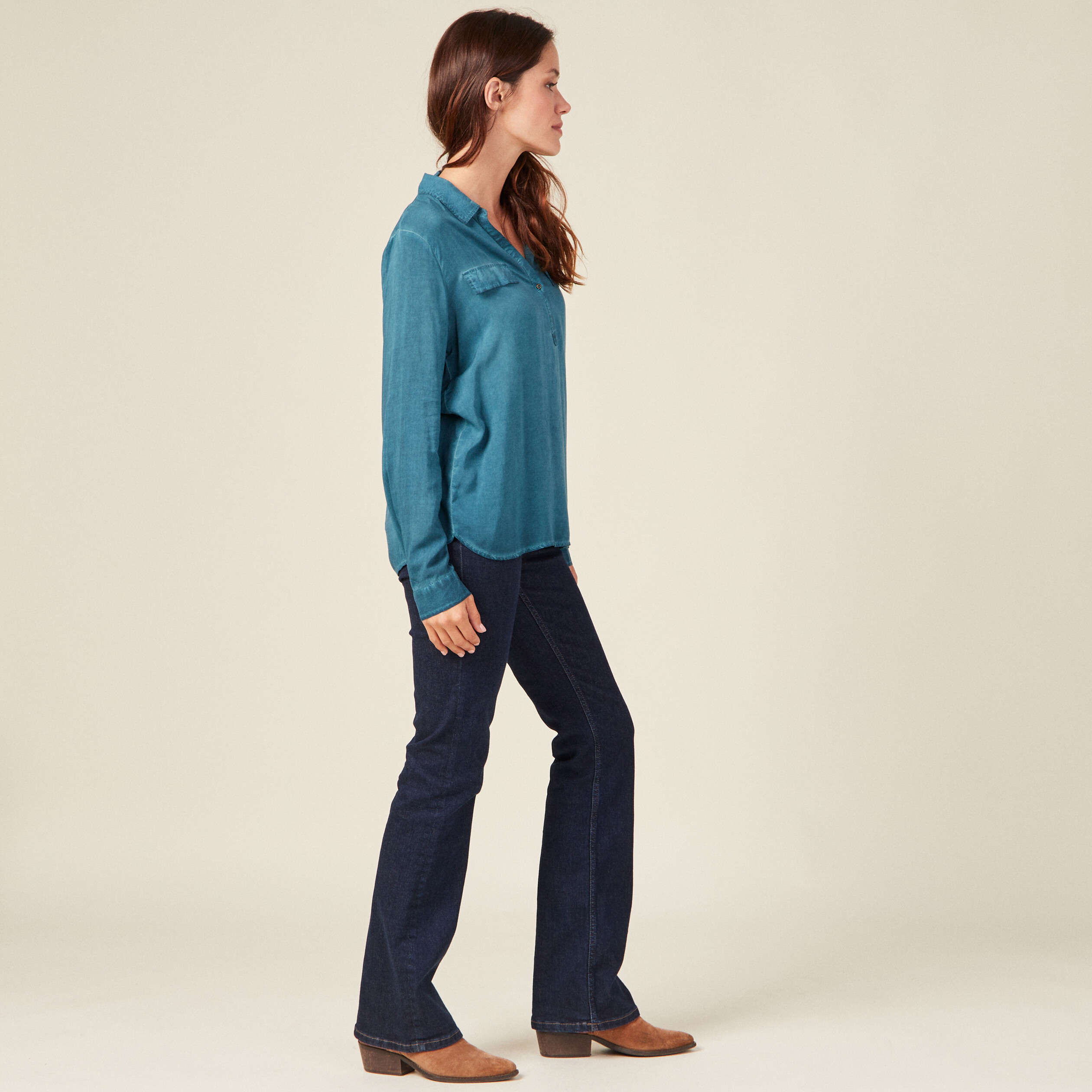 Blouse manches longues poches bleu pétrole femme
