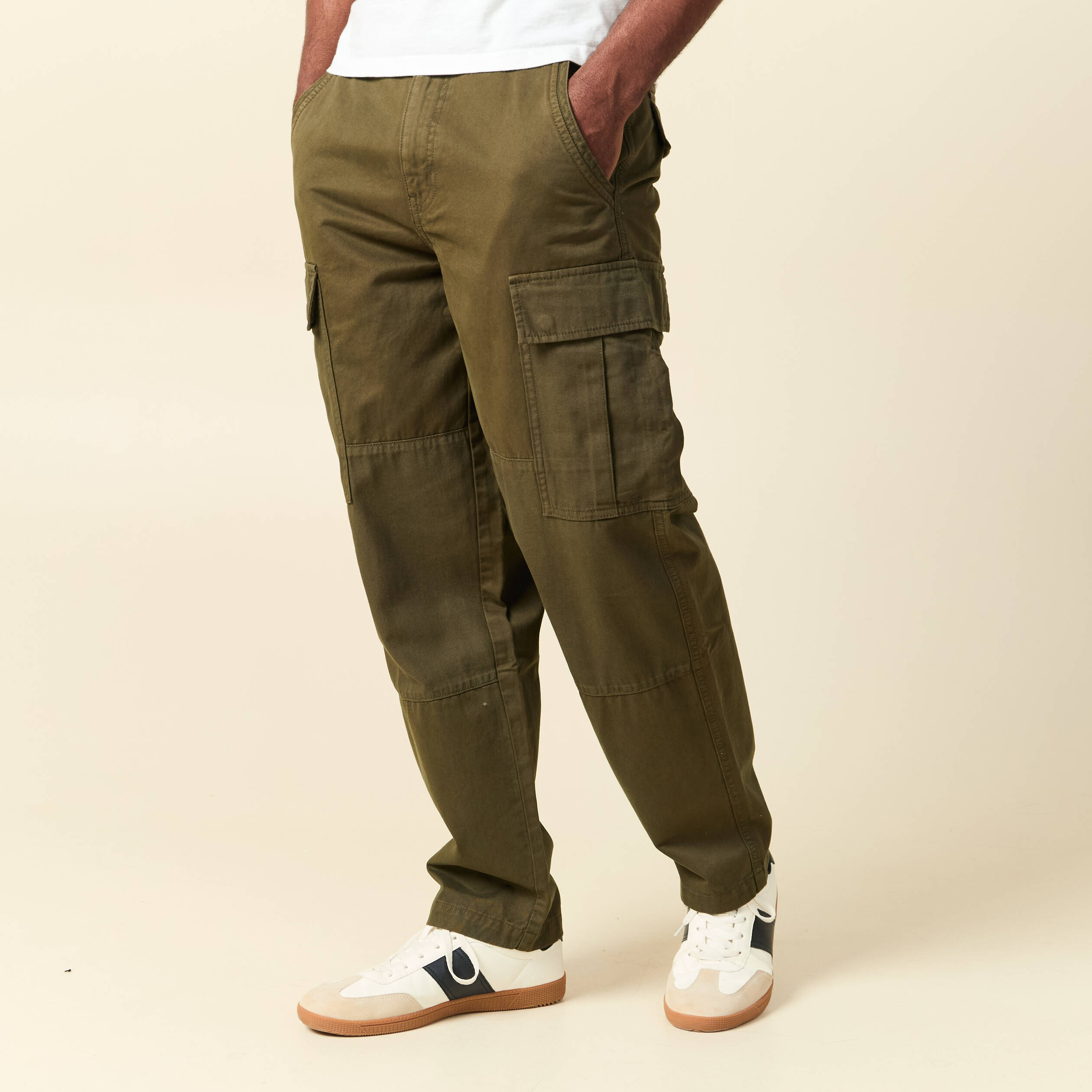 Pantalon cargo battle bi-mati&egrave;re coton vert kaki homme