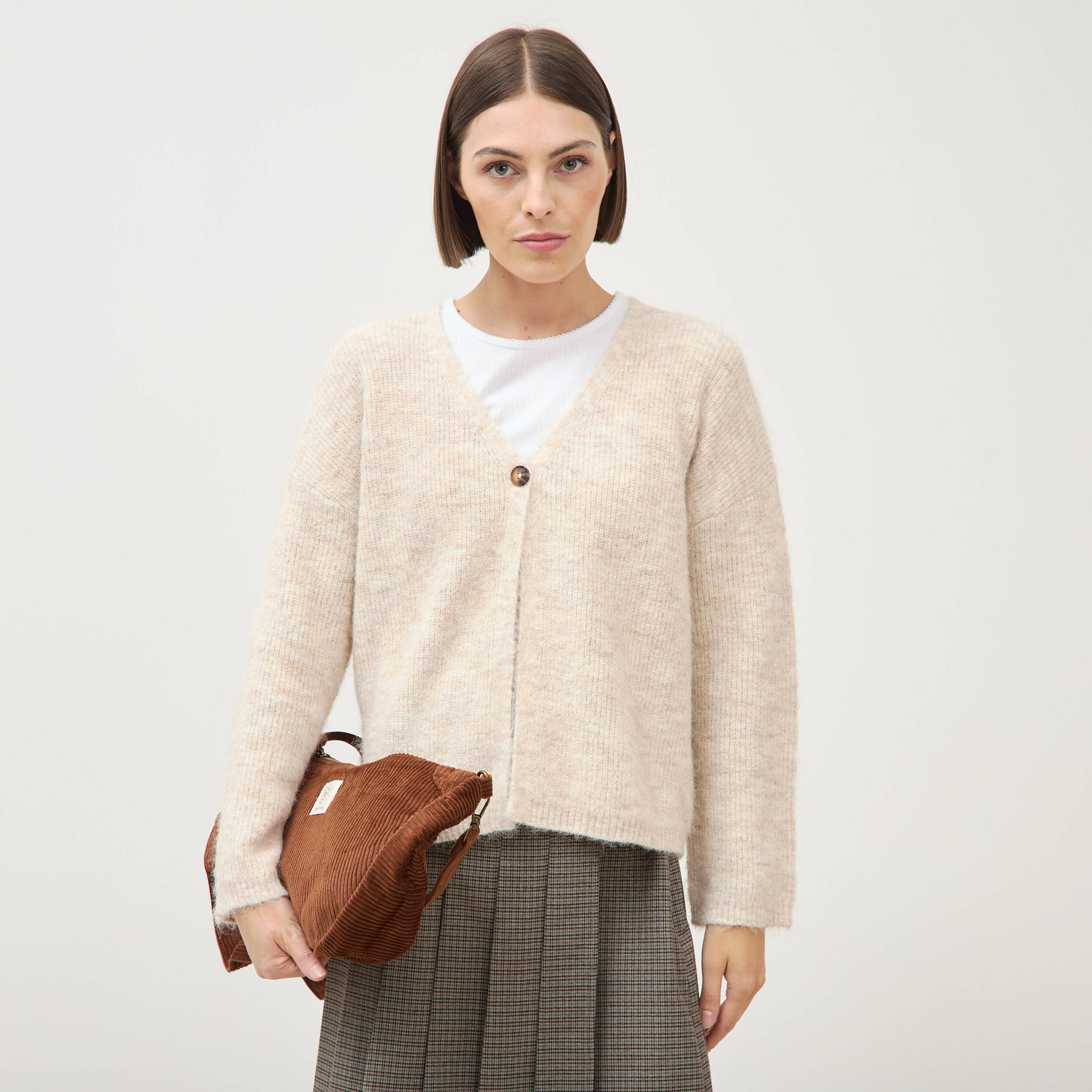 Gilet droit manches longues creme femme