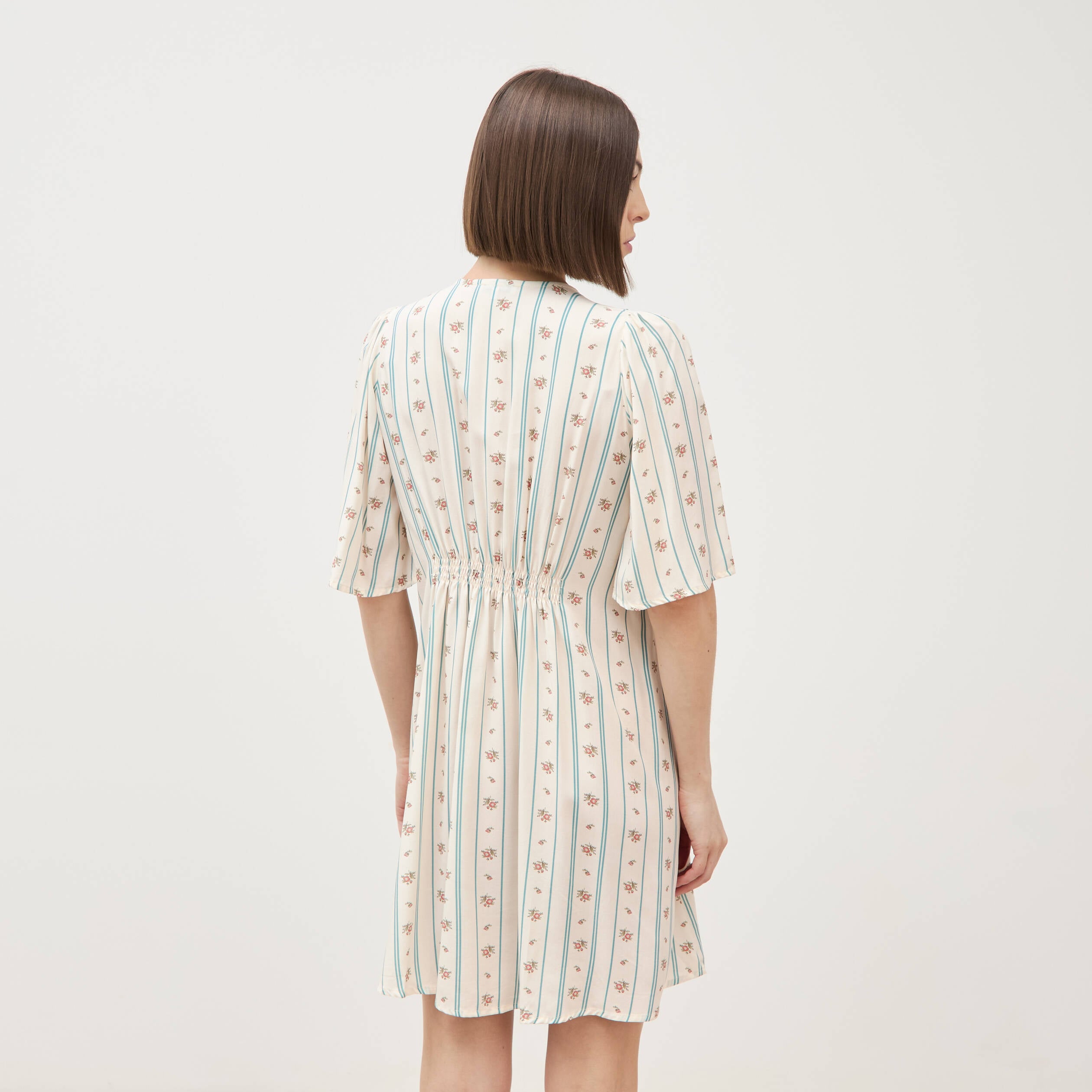 Robe fluide col v manches courtes bleu gris femme