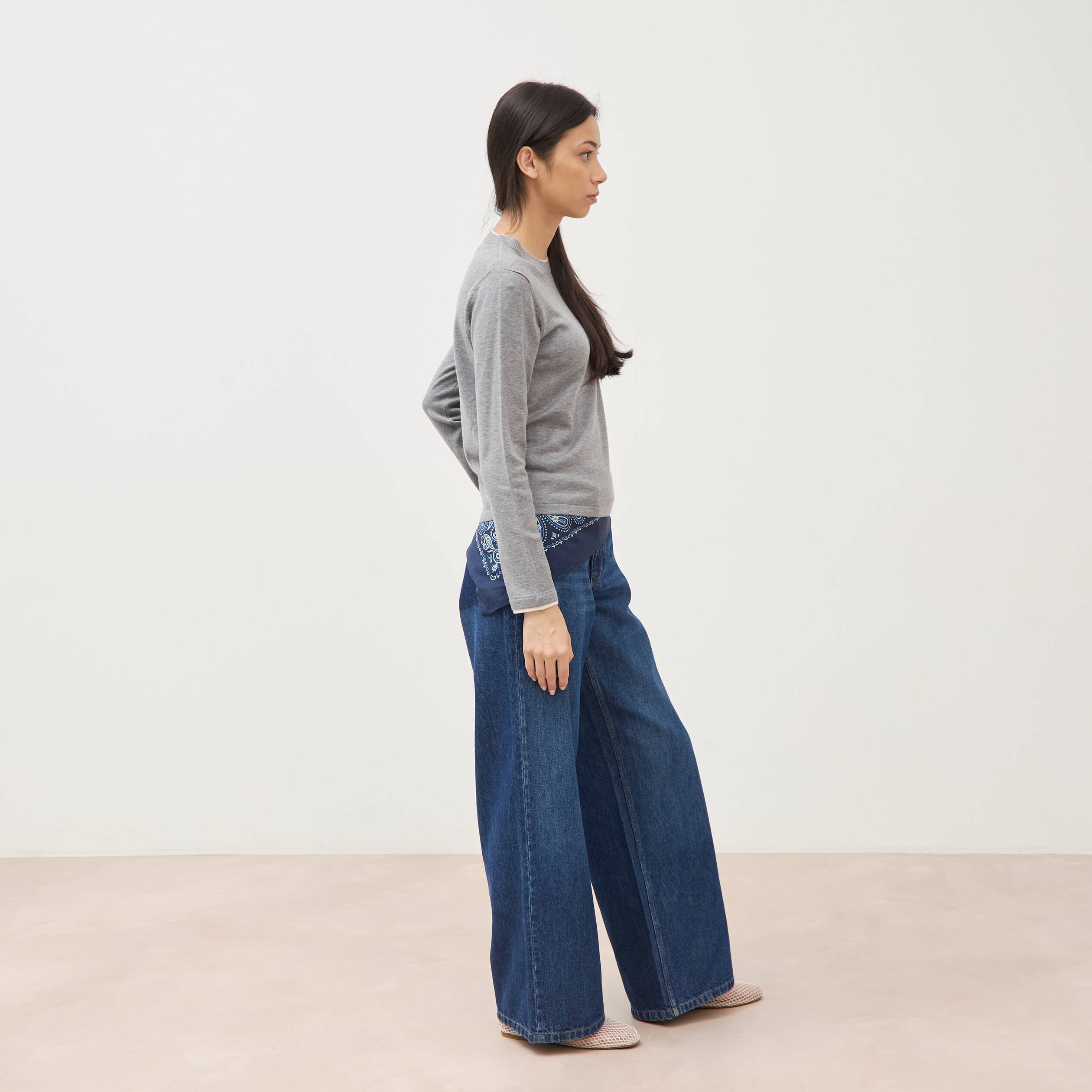 Pull fin col rond manches longues gris clair femme