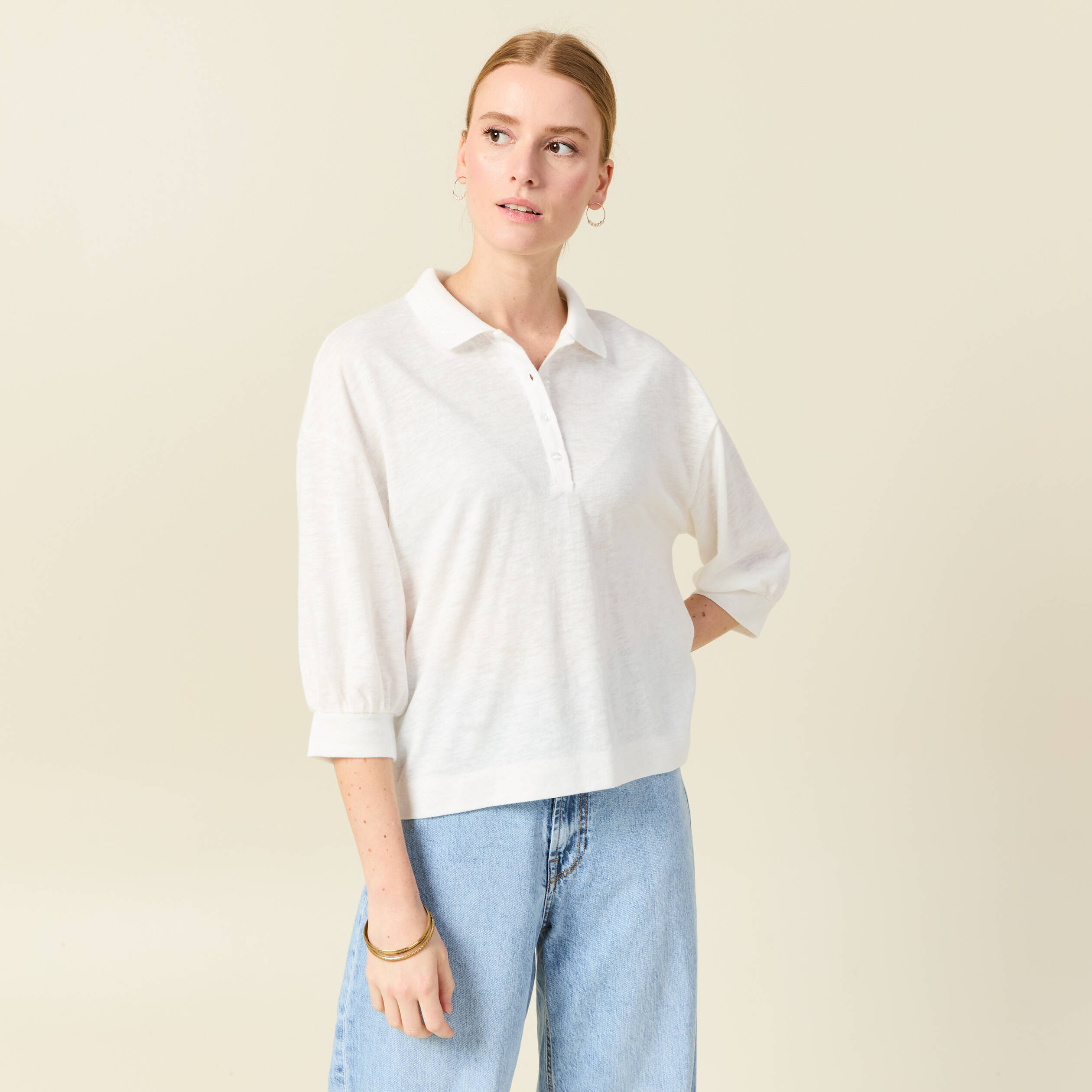 polo manches 34 ecru femme Polo manches 3/4 ecru femme