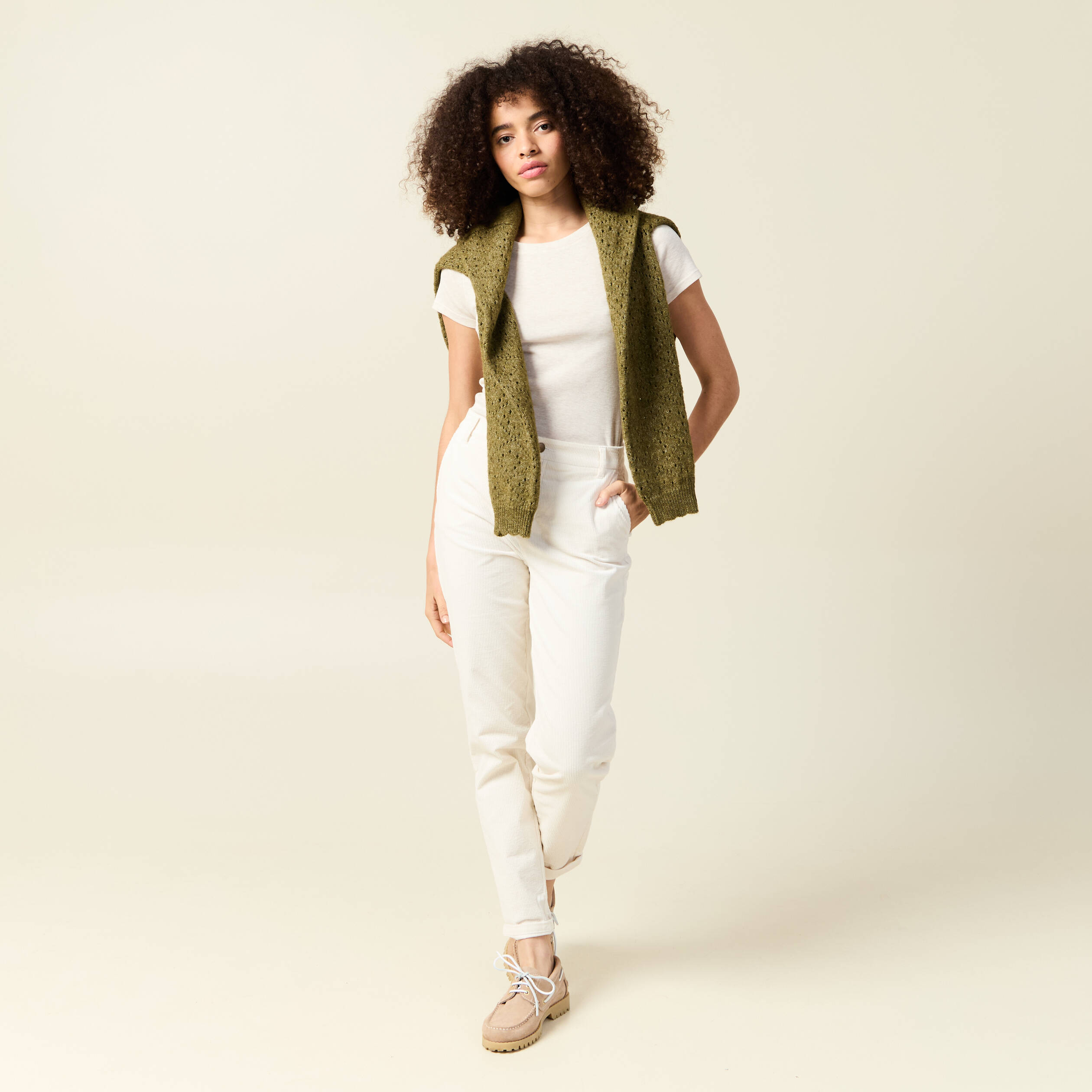 Pantalon large 7/8&egrave;me taille haute ecru femme