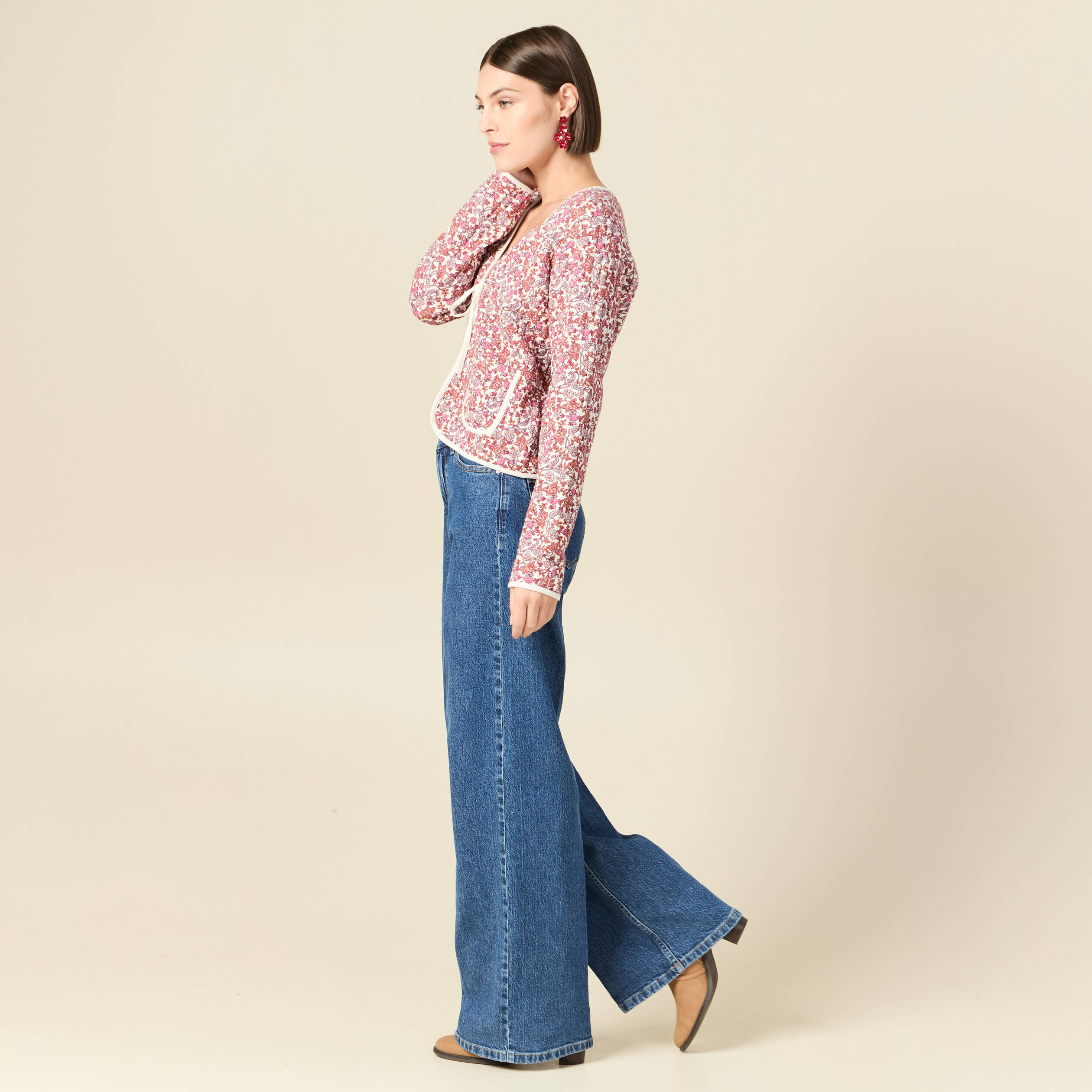 Cardigan droit court manches longues orange corail femme