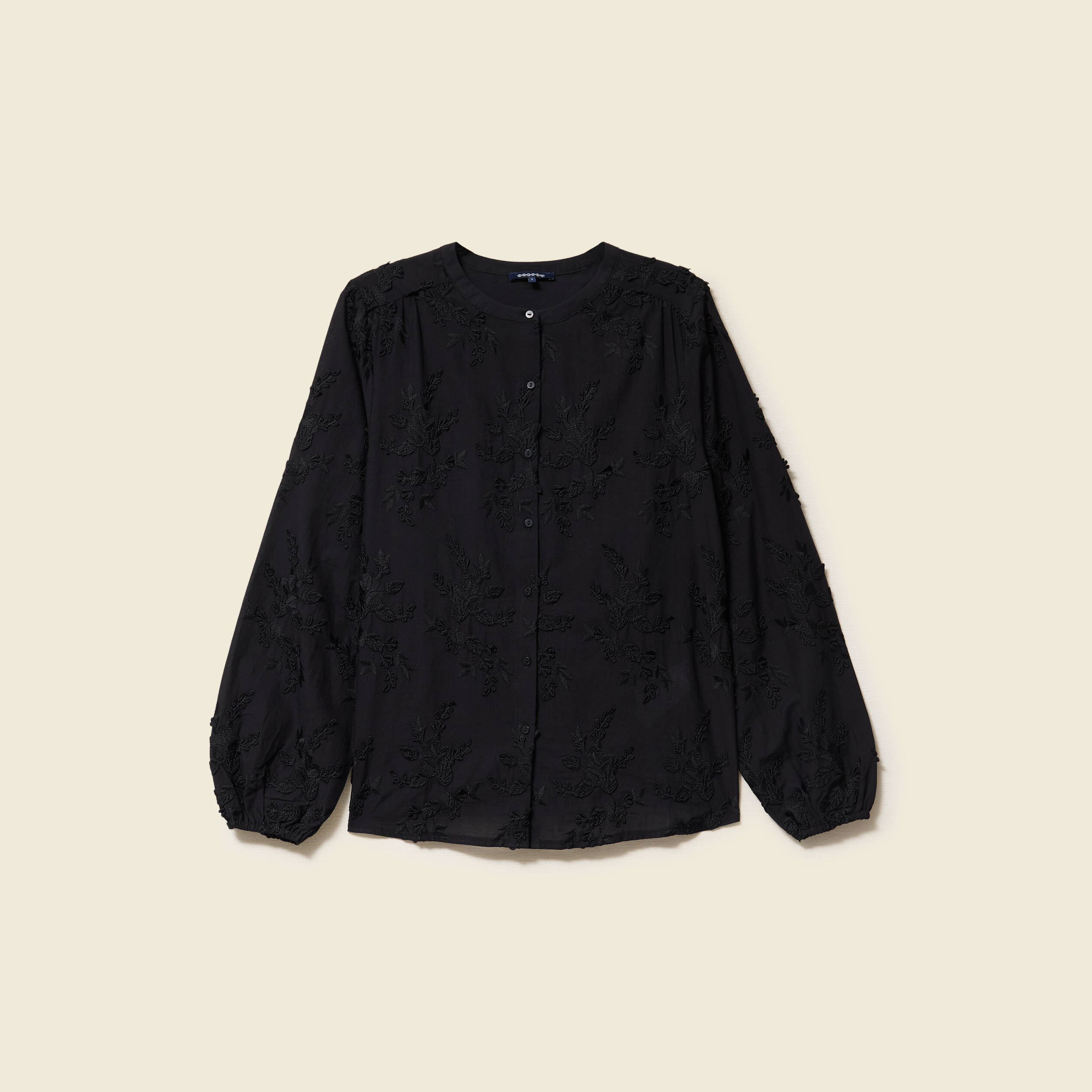Chemise manches longues broderie coton noir femme