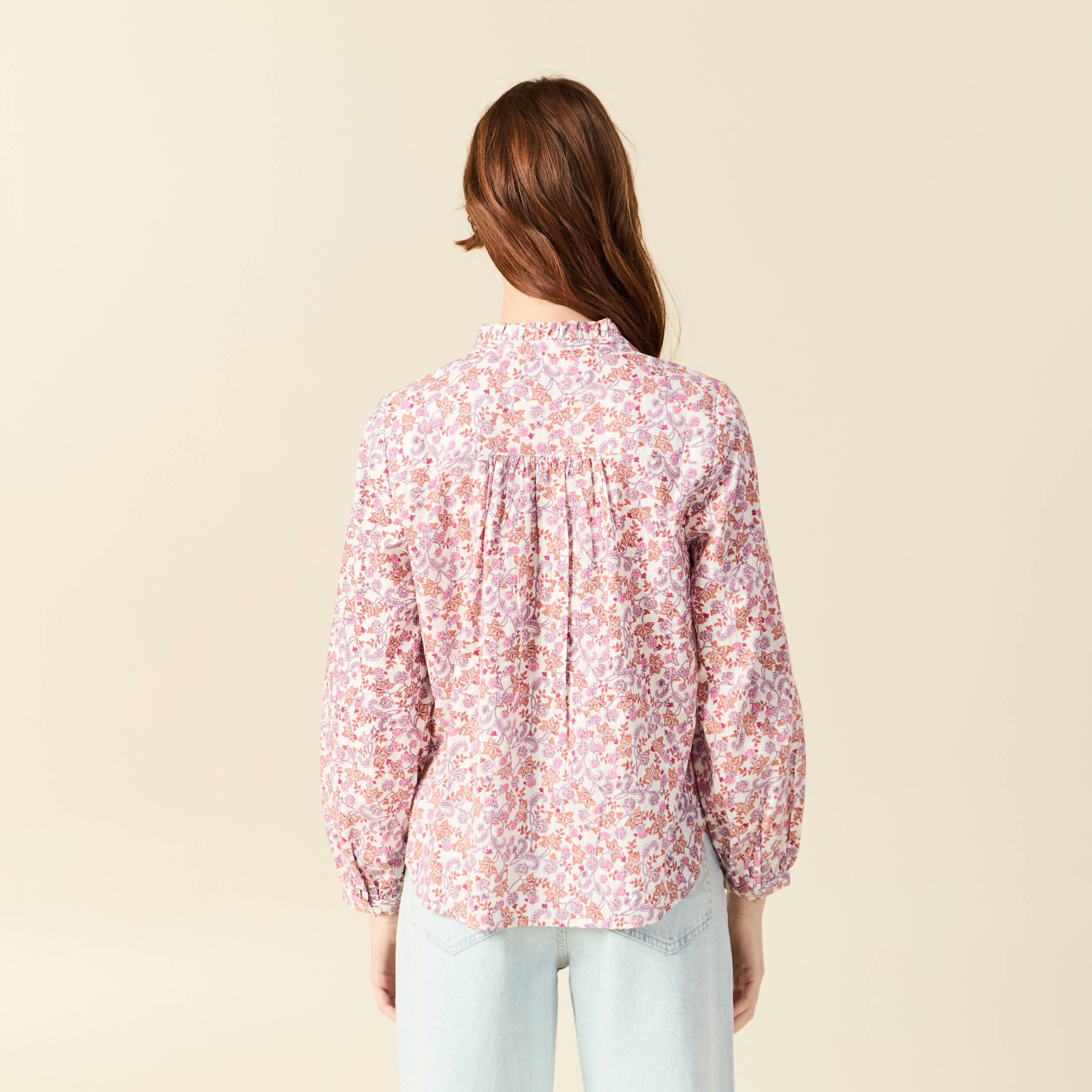 Blouse manches longues en coton orange corail femme