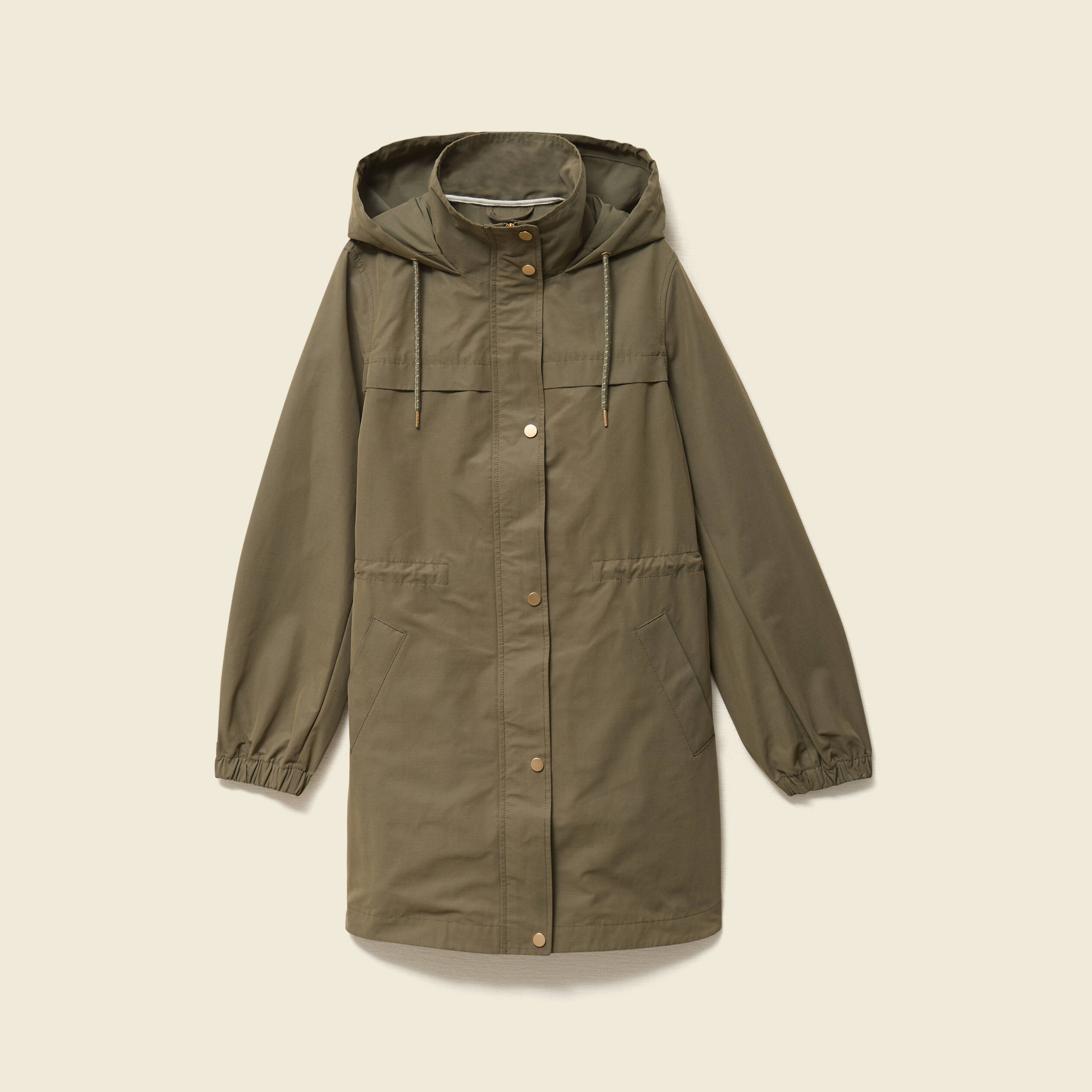 Parka longue droite d&eacute;perlante &agrave; capuche vert kaki femme