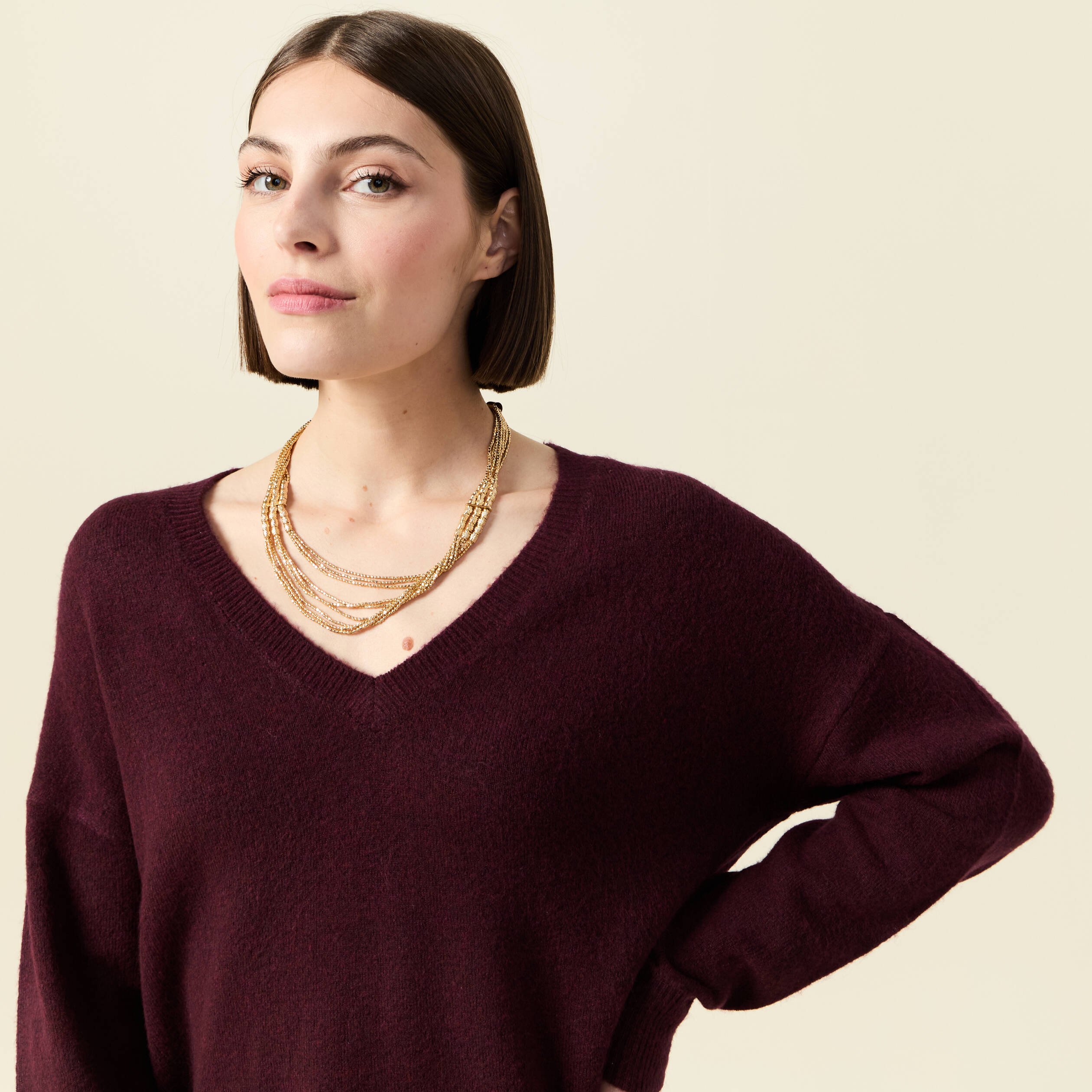 pull manches longues col en v prune femme Pull manches longues col en V prune femme