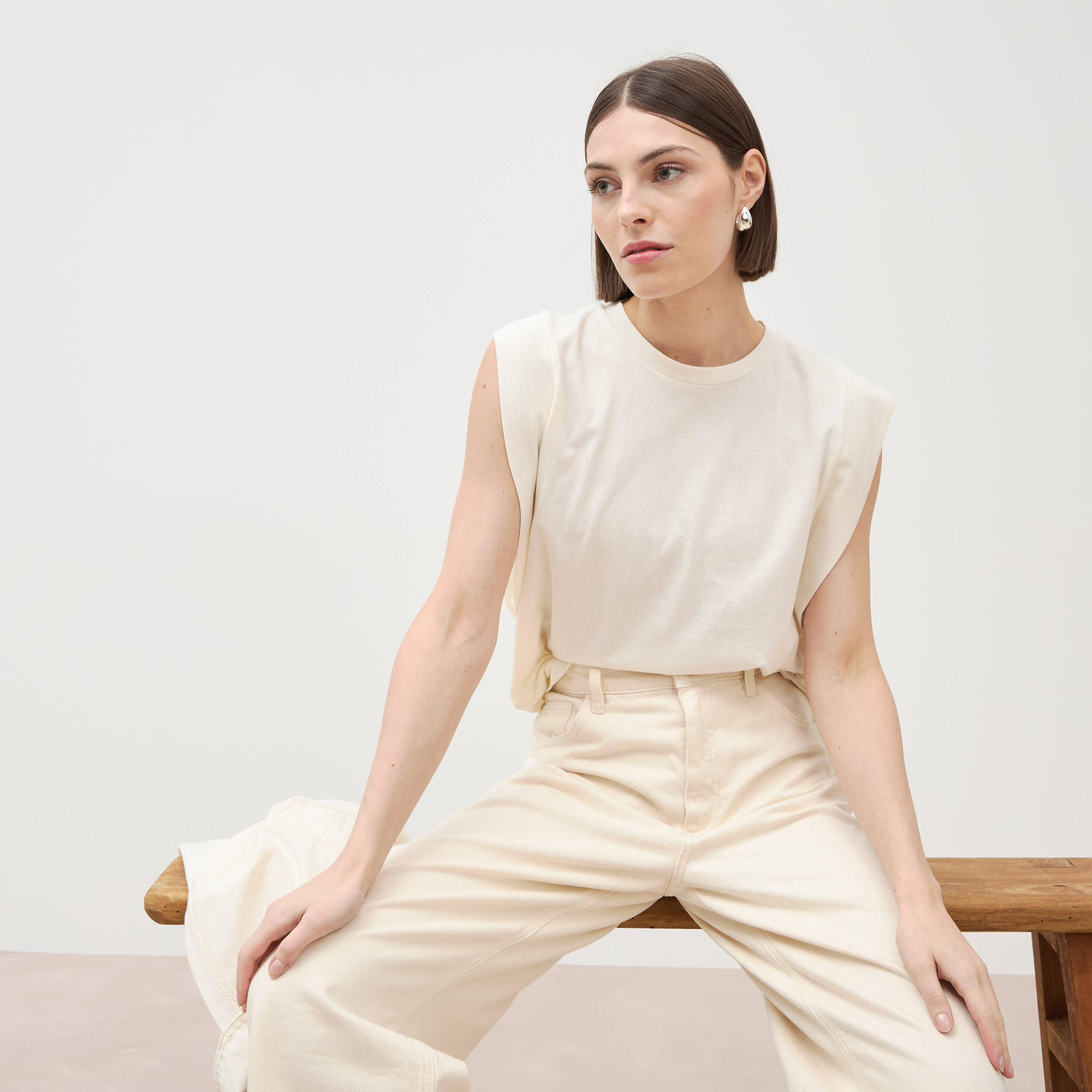 T-shirt en coton sans manches creme femme
