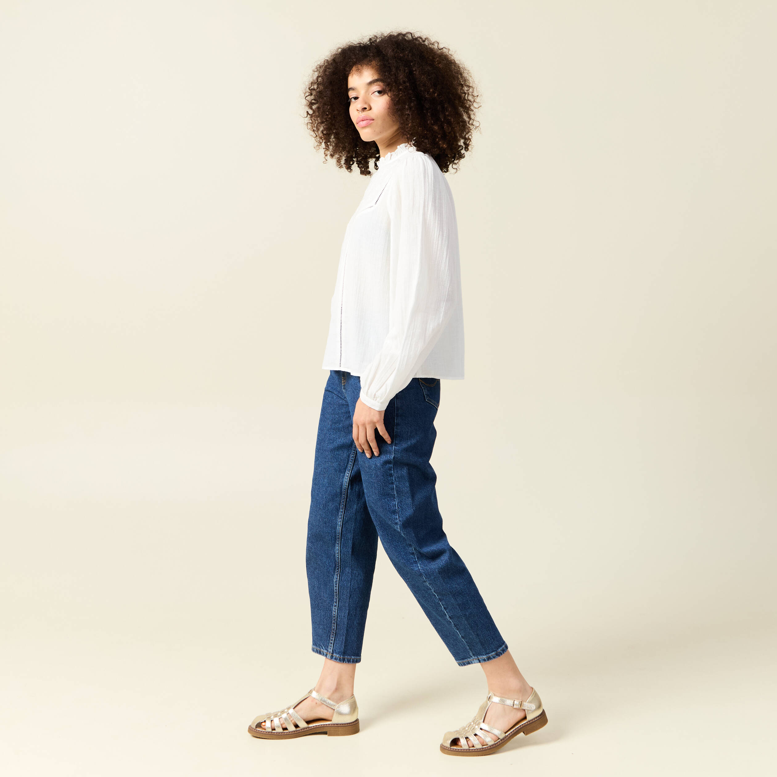 Chemise manches longues brod&eacute;e ecru femme