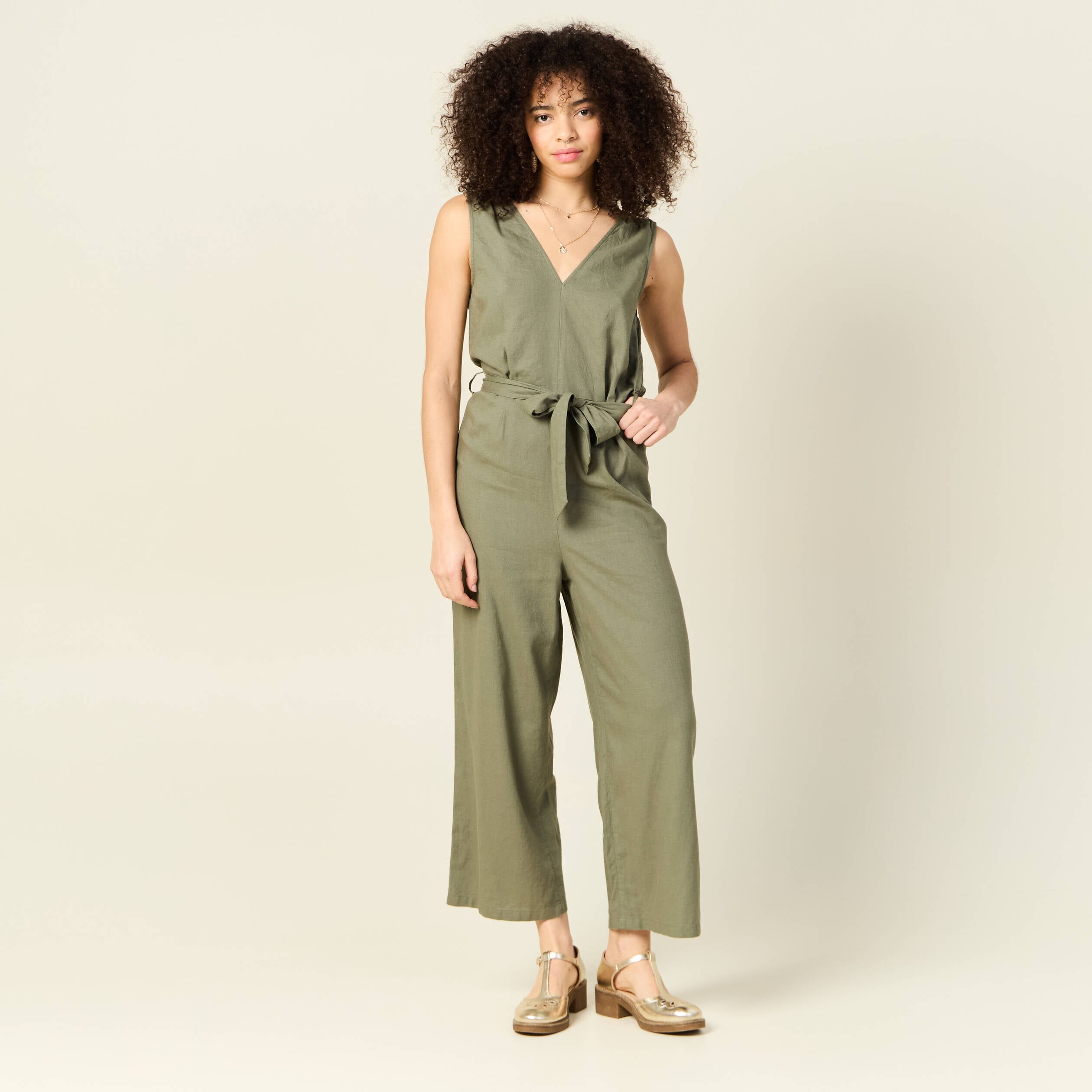 Combinaison salopette fines bretelles vert kaki femme