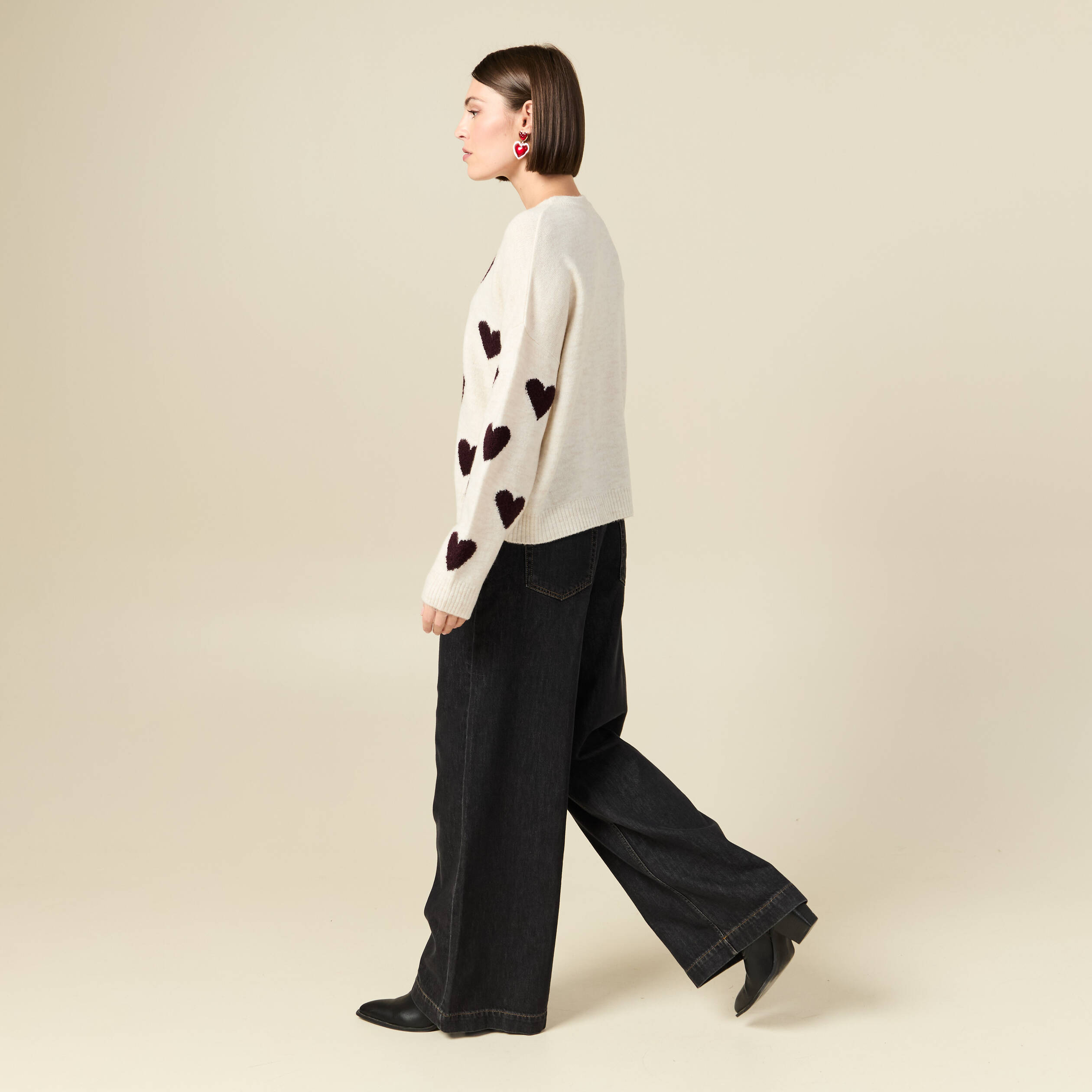 Pull manches longues bouclette col rond prune femme