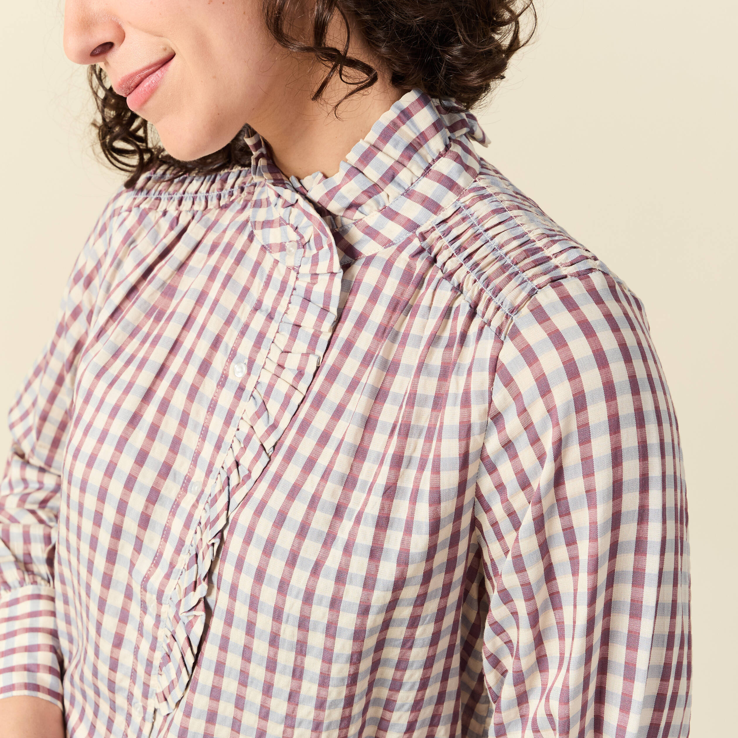 Chemise manches longues col montant marron cognac femme