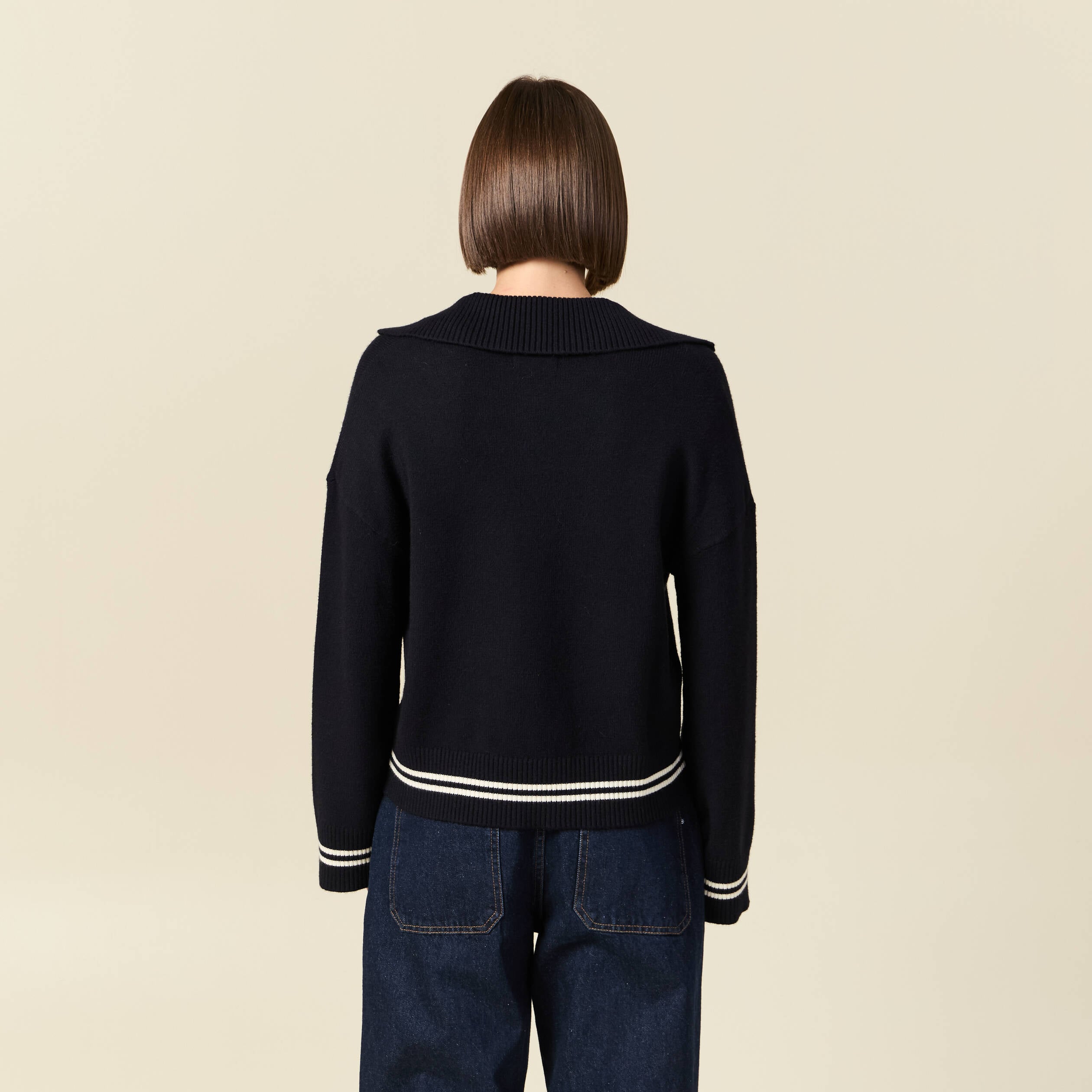 Pull col polo manches longues bleu marine femme
