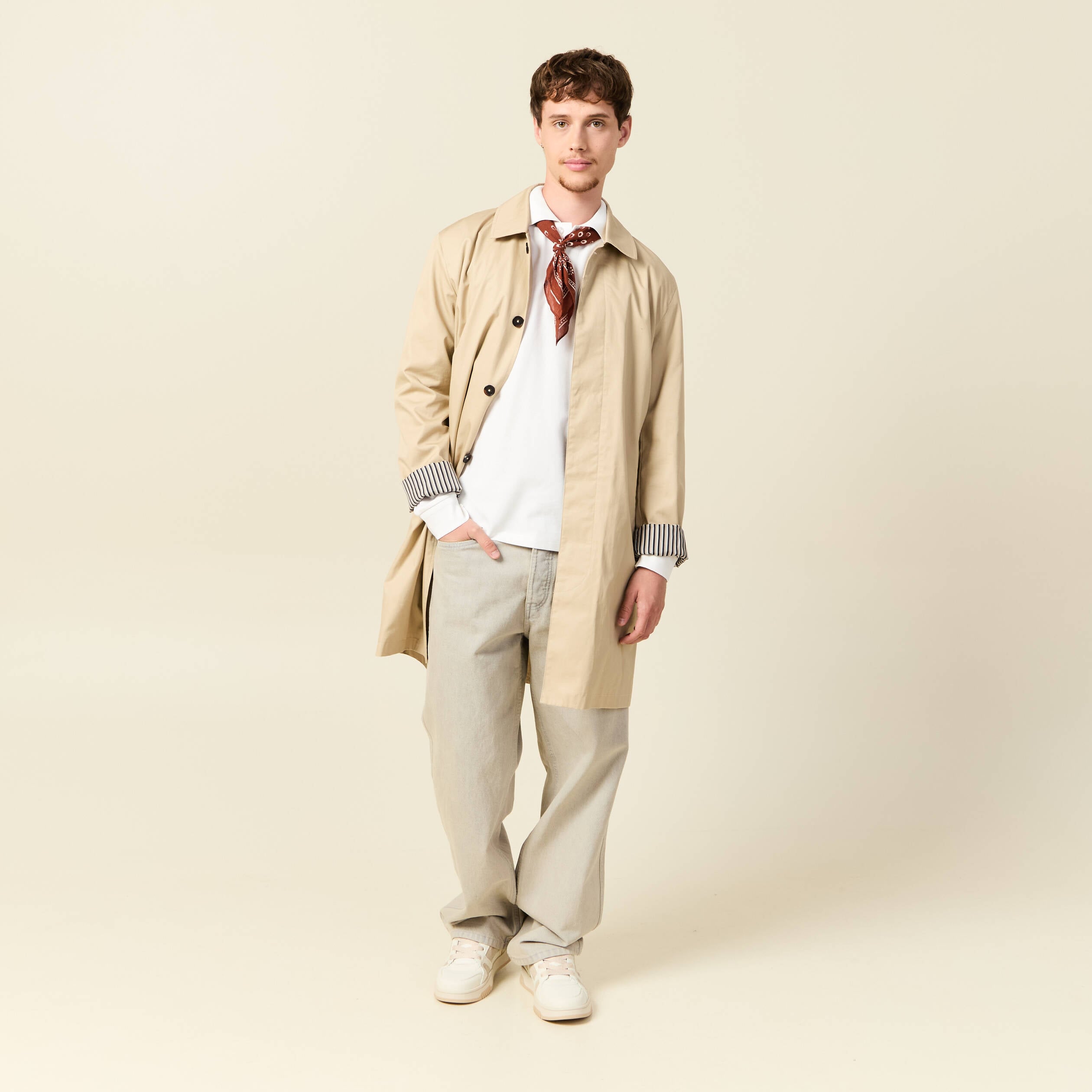Polo manches longues en coton ecru homme