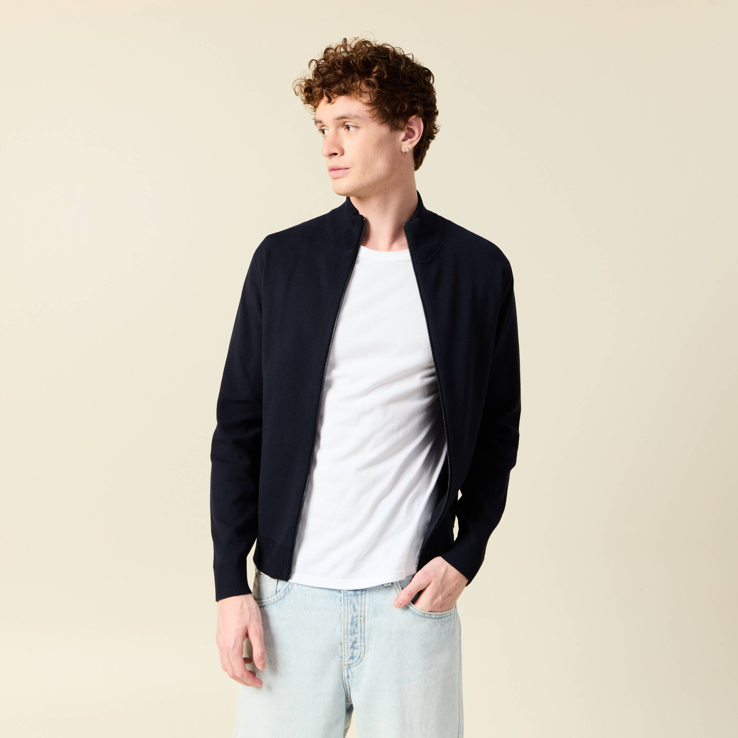 Gilet manches longues zipp&eacute; bleu marine homme