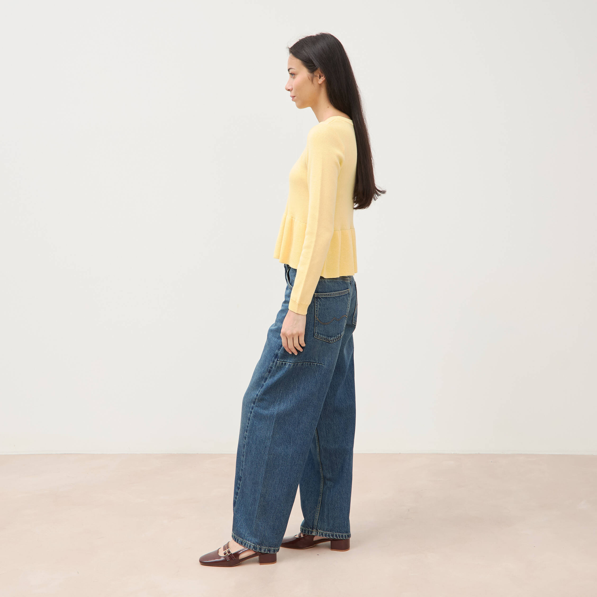 Pull col rond manches longues jaune clair femme