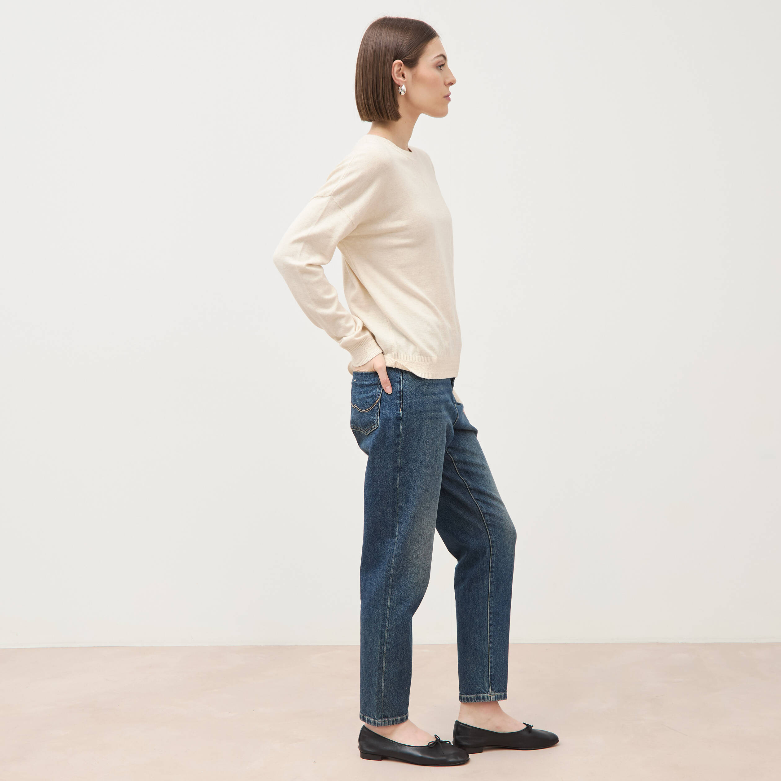 Pull oversize col rond manches longues creme femme