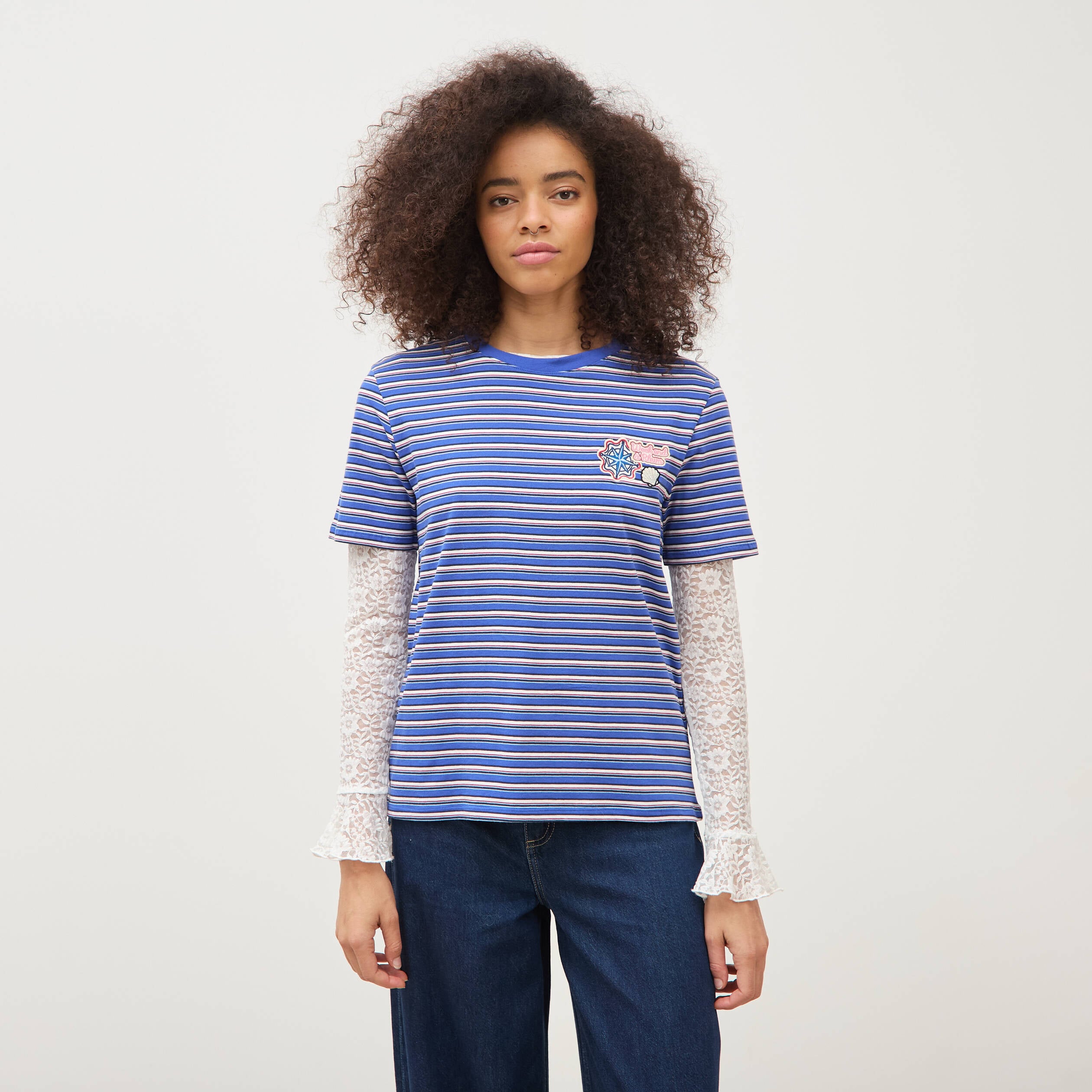 T-shirt ray&eacute; col rond manches courtes bleu electrique femme
