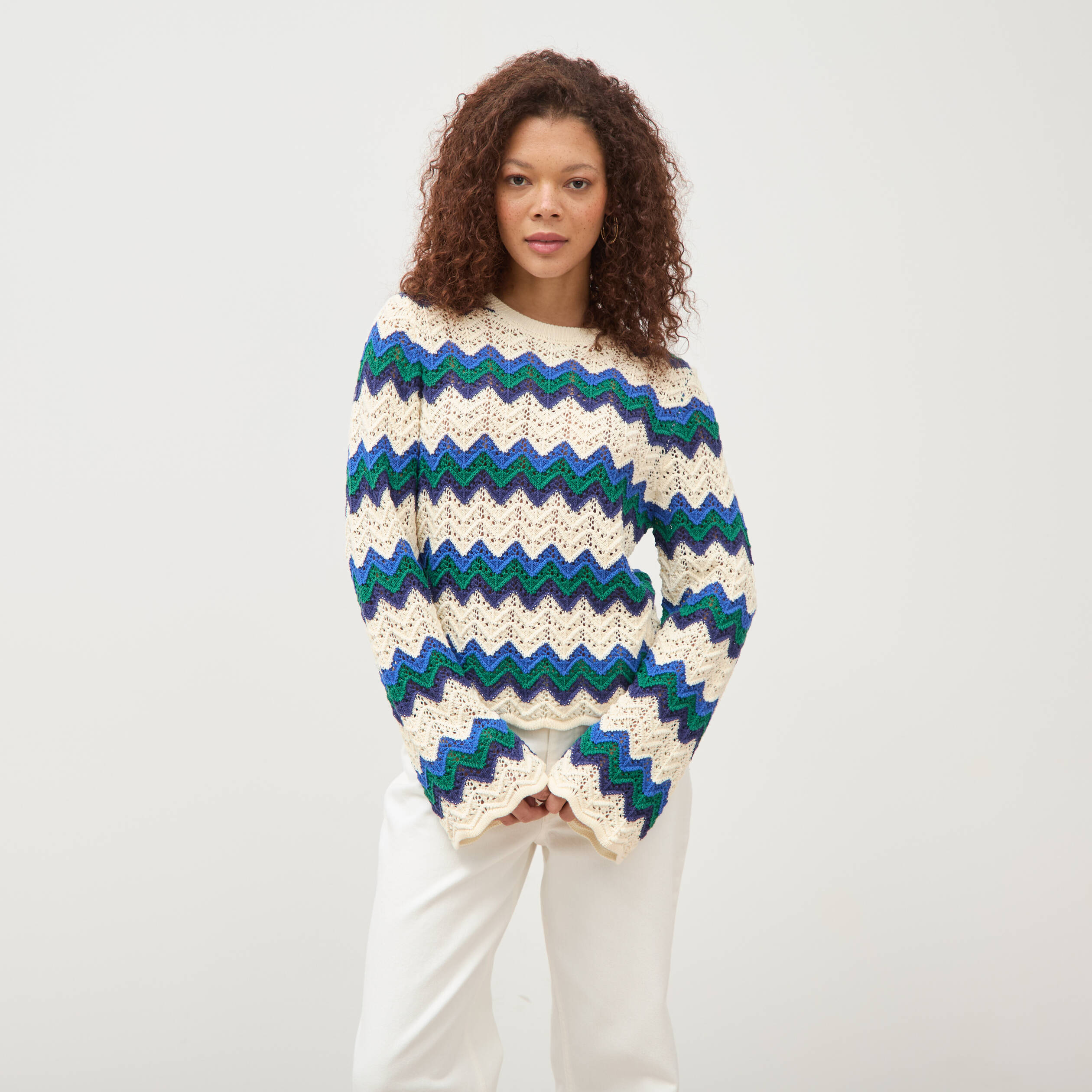 Pull ajour&eacute; coton manches longues ecru femme