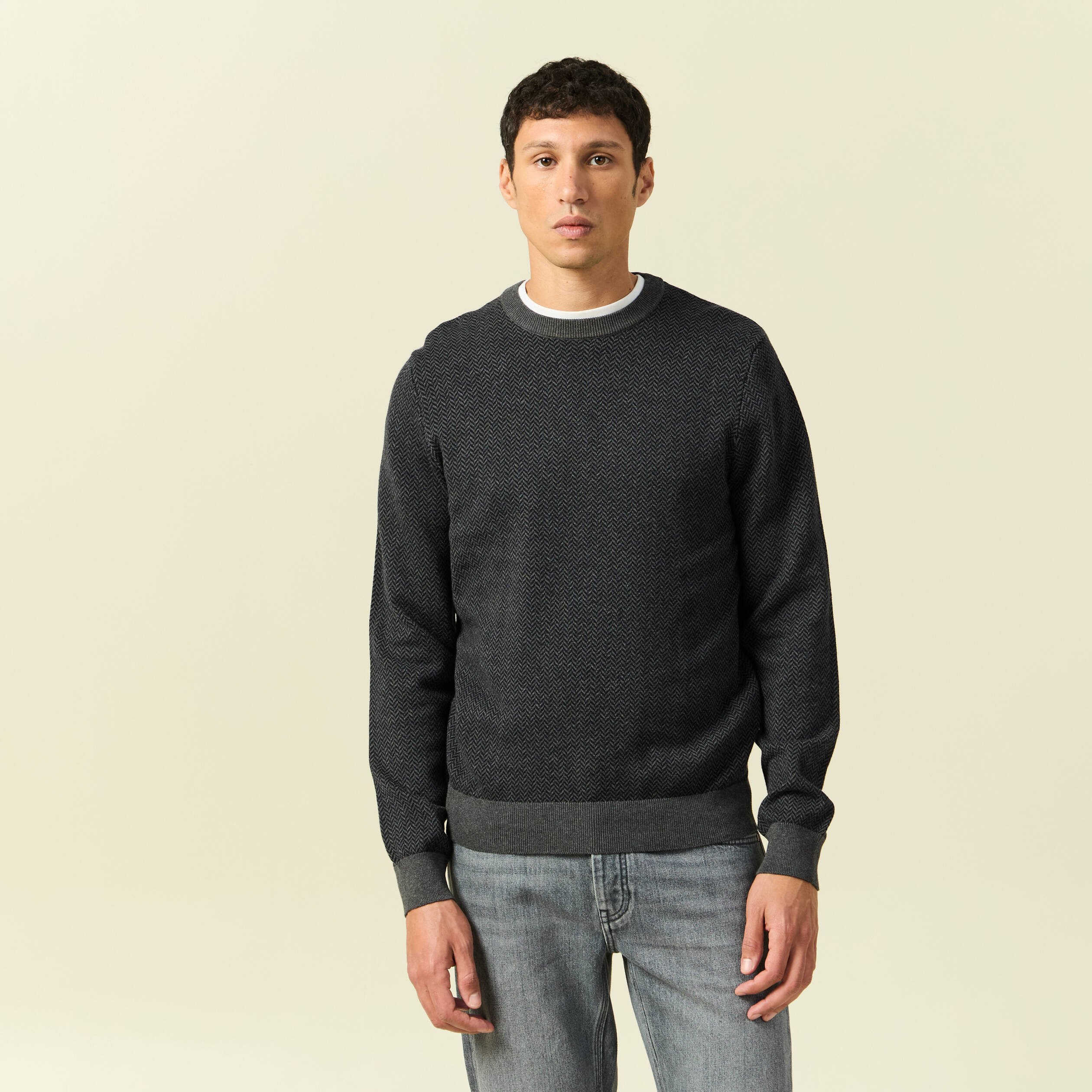 Pull col rond manches longues en coton bleu marine homme
