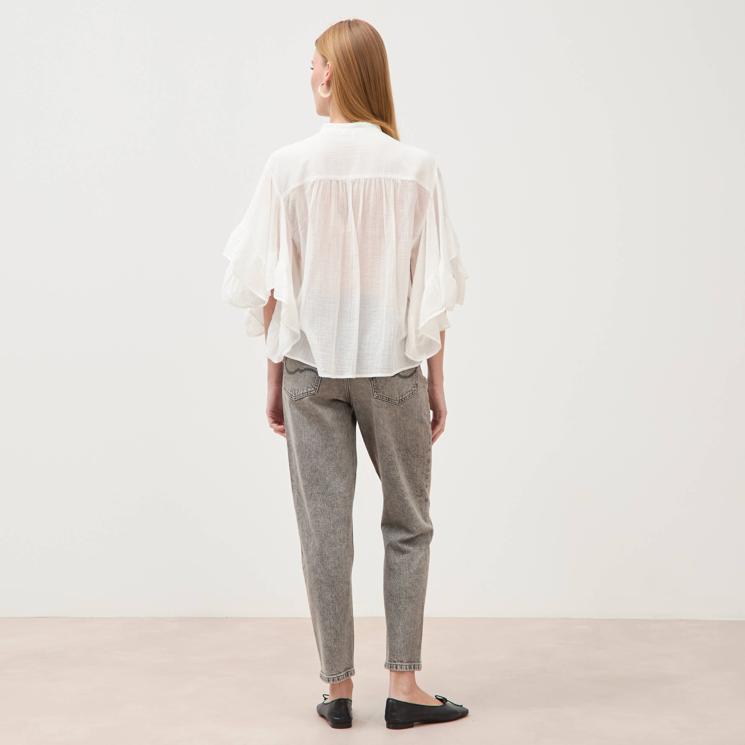 Blouse boyfriend manches coude en coton ecru femme