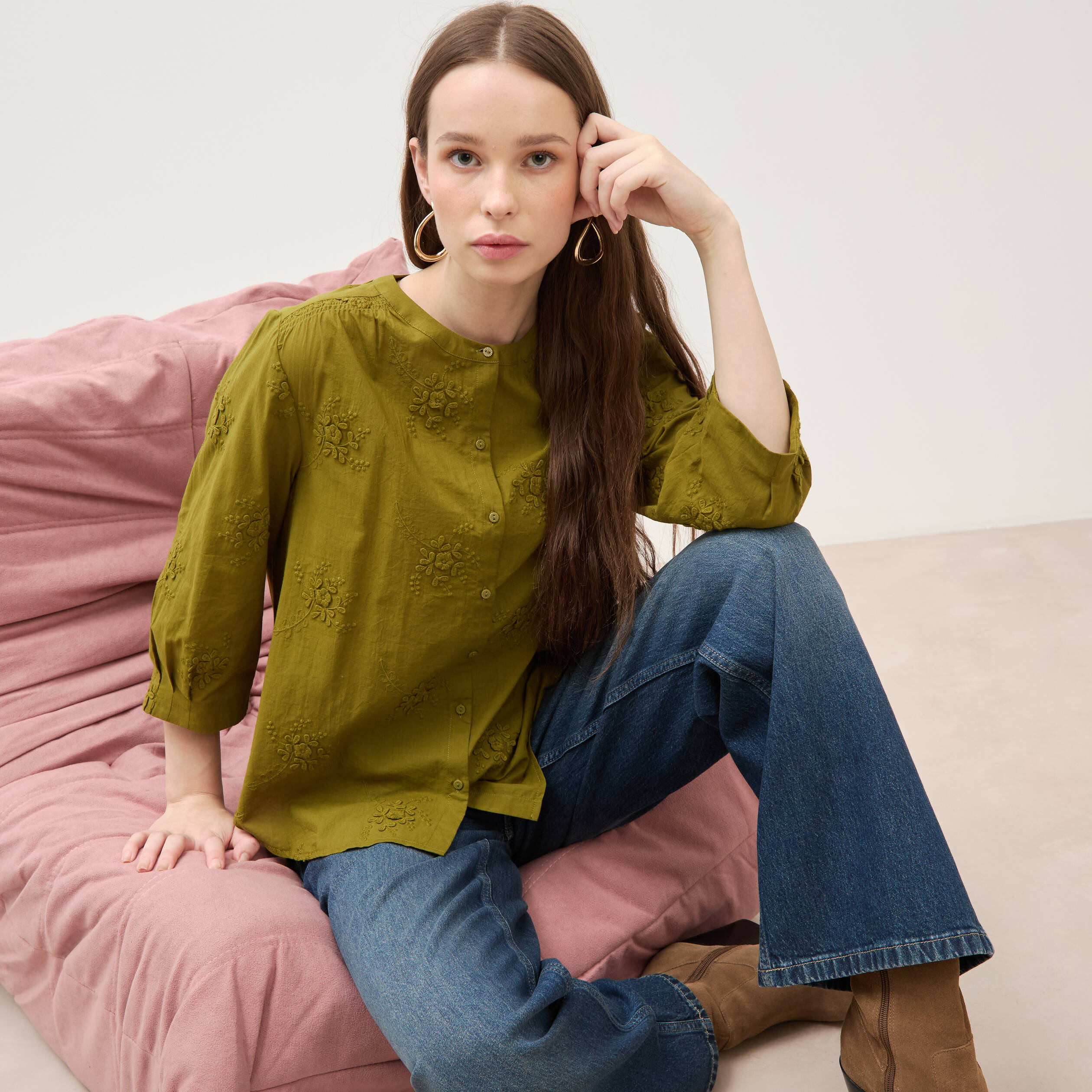 Chemise en coton manches 3/4 vert kaki femme