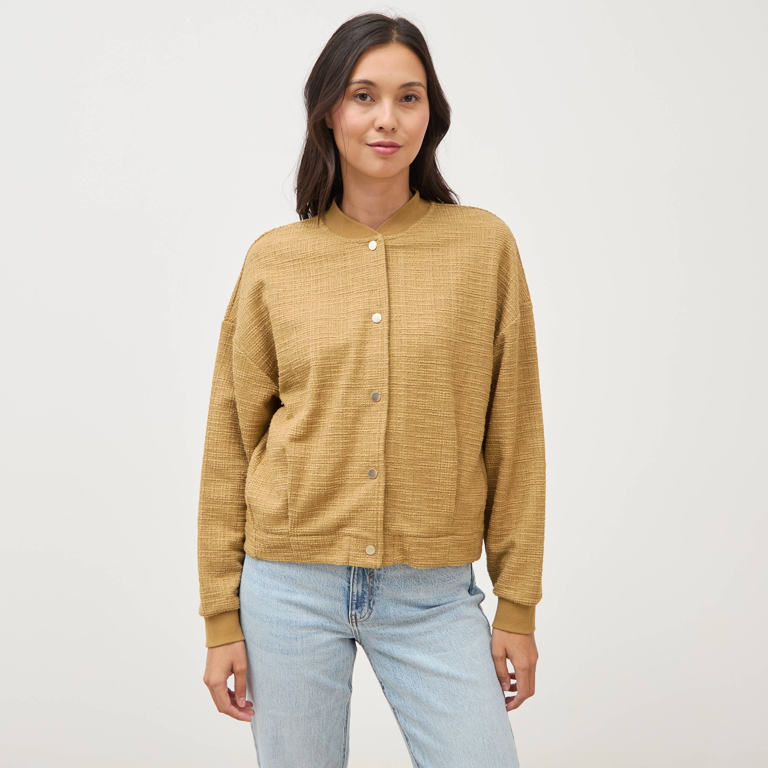 Veste droite manches longues tweed camel femme