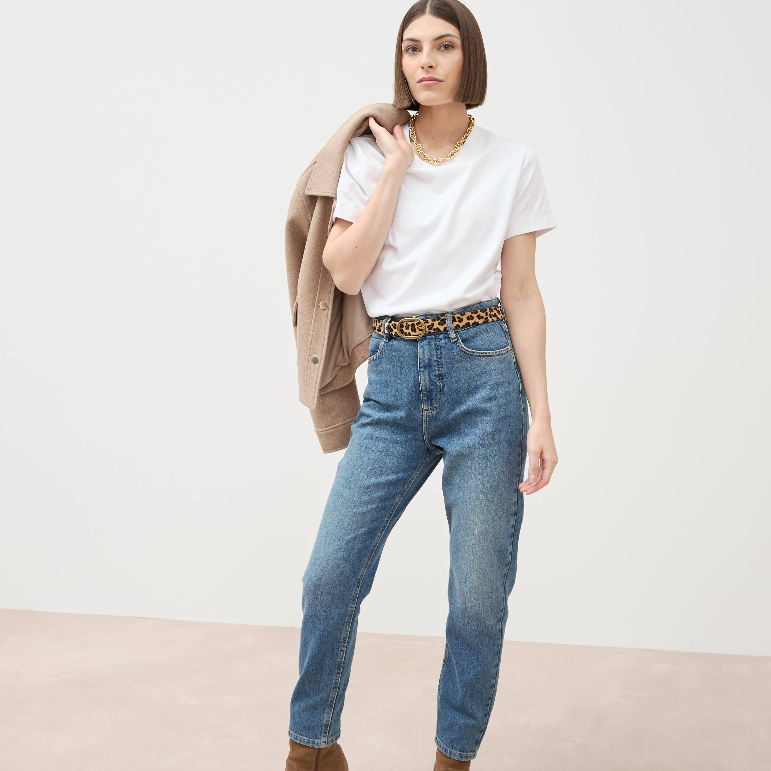 Jeans mom cropped taille haute denim dirty femme