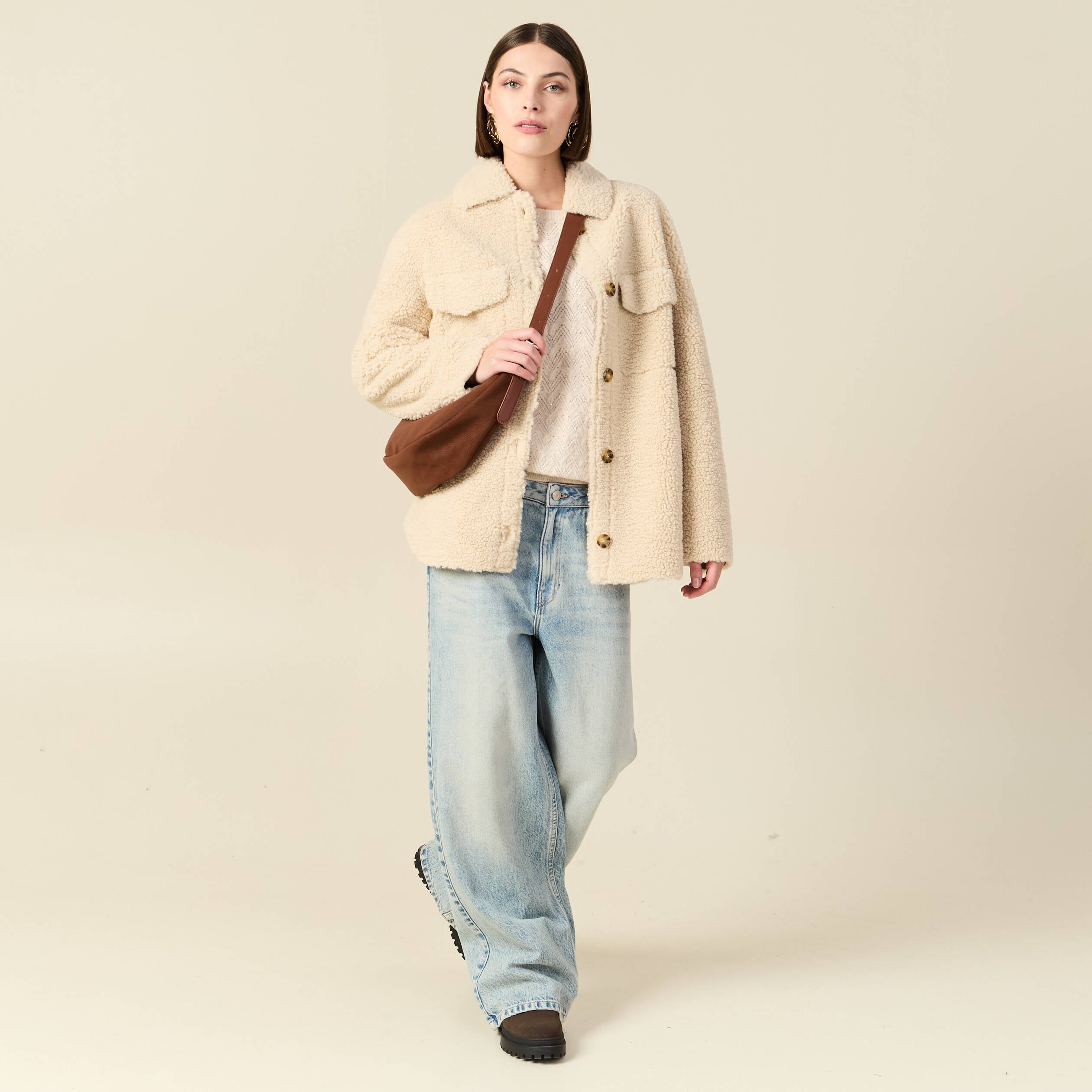 Manteau surchemise droit creme femme