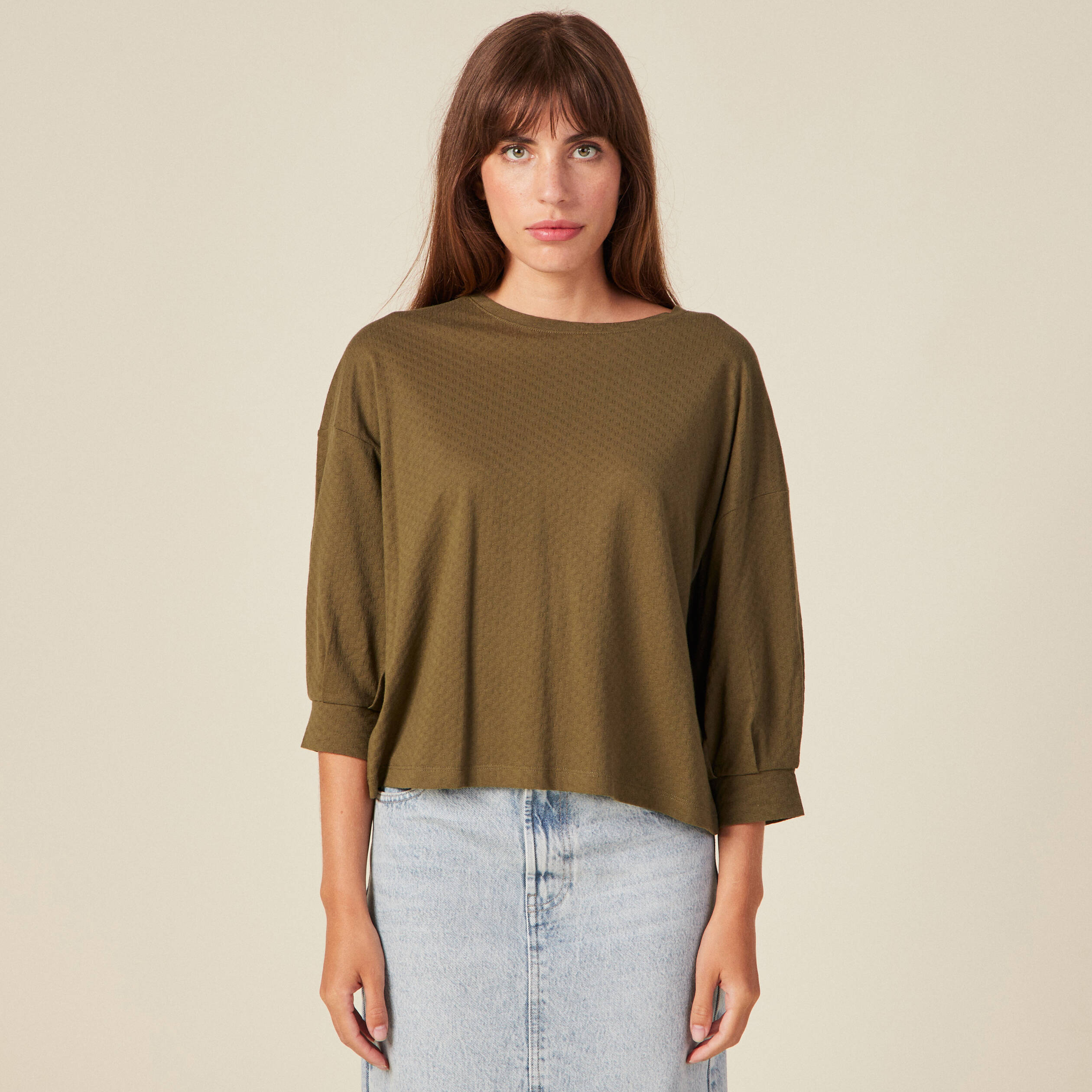t shirt manches 34 vert kaki femme T-shirt manches 3/4 vert kaki femme