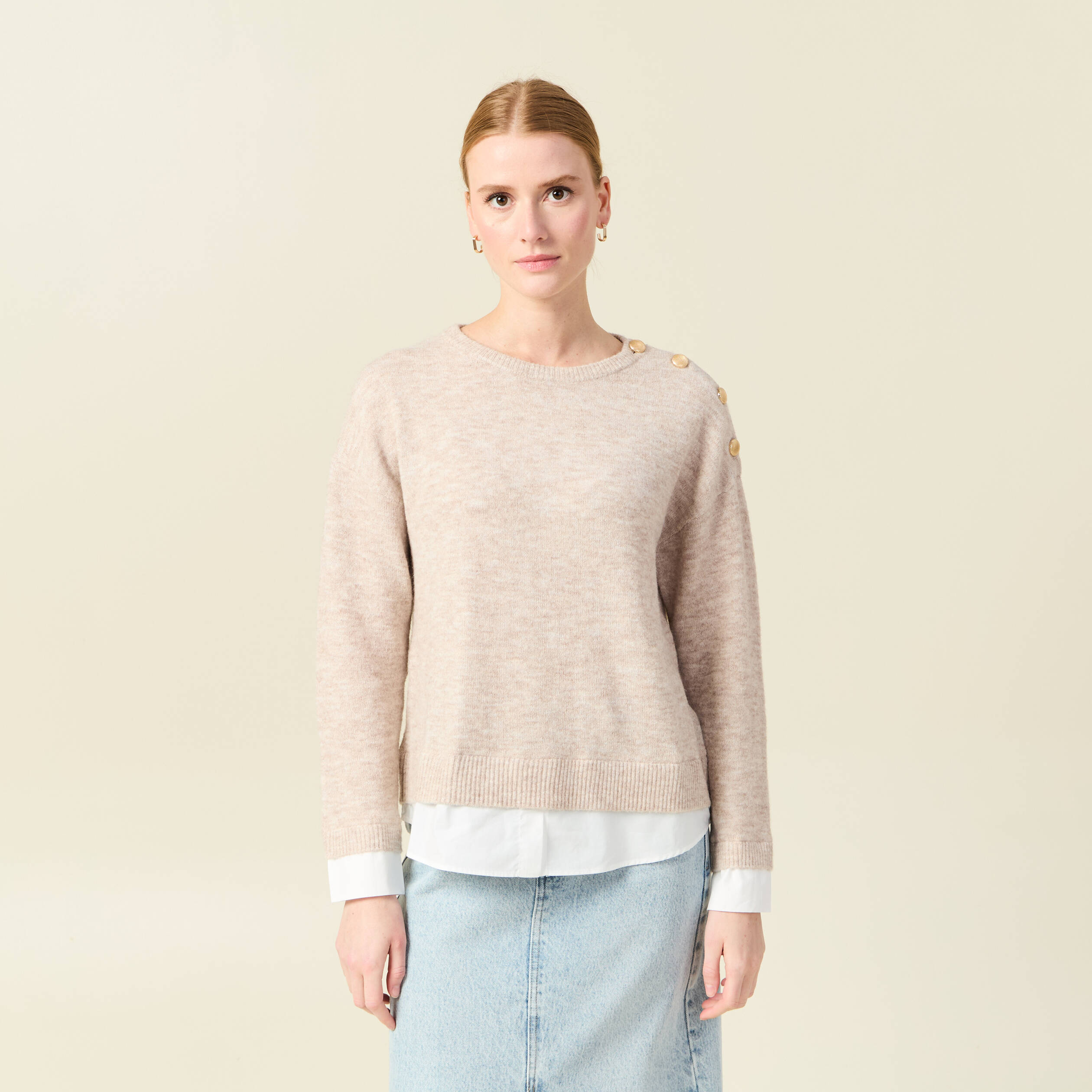 pull manches longues 2 en 1 creme femme Pull manches longues 2-en-1 creme femme