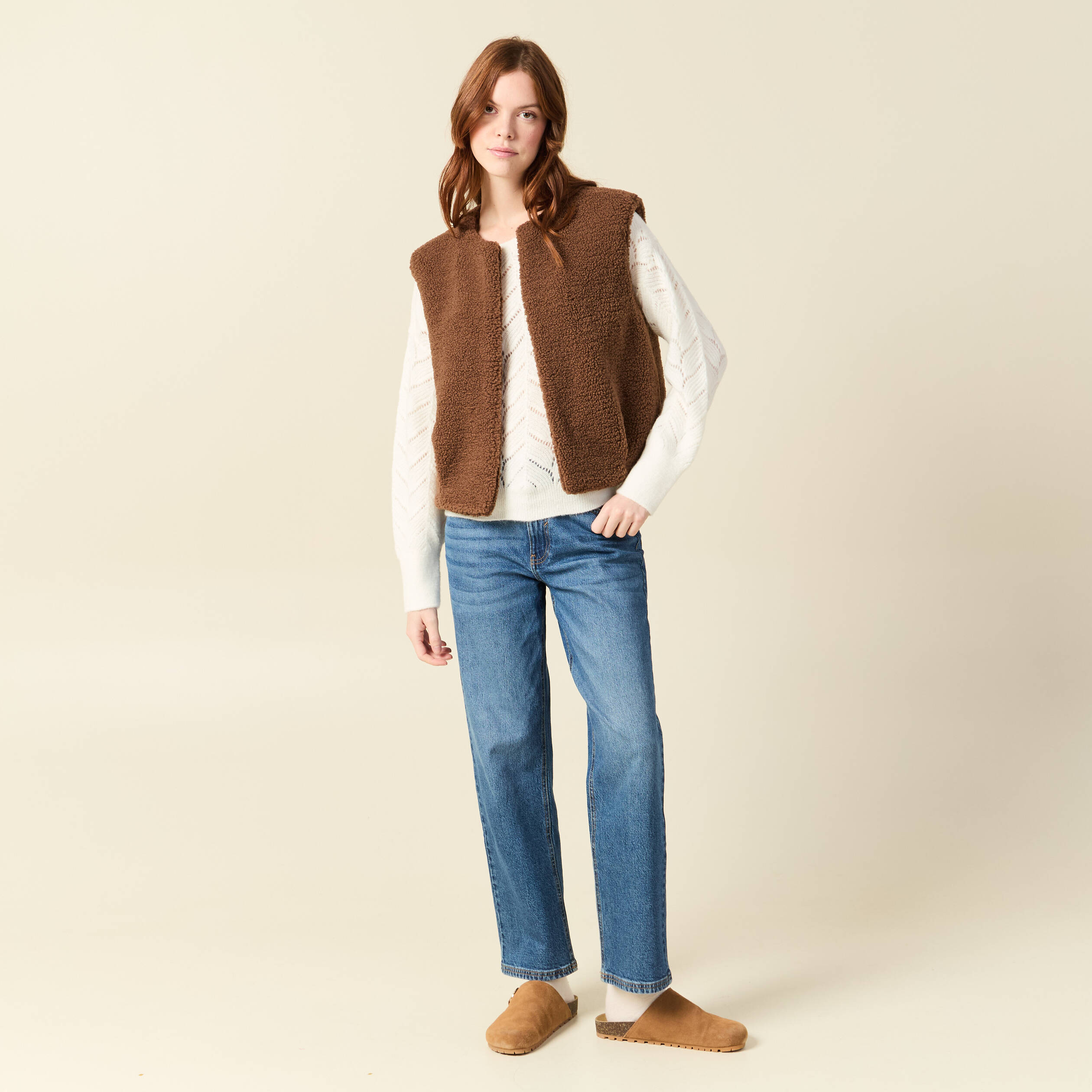 Pull ajour&eacute; col bateau manches longues ecru femme
