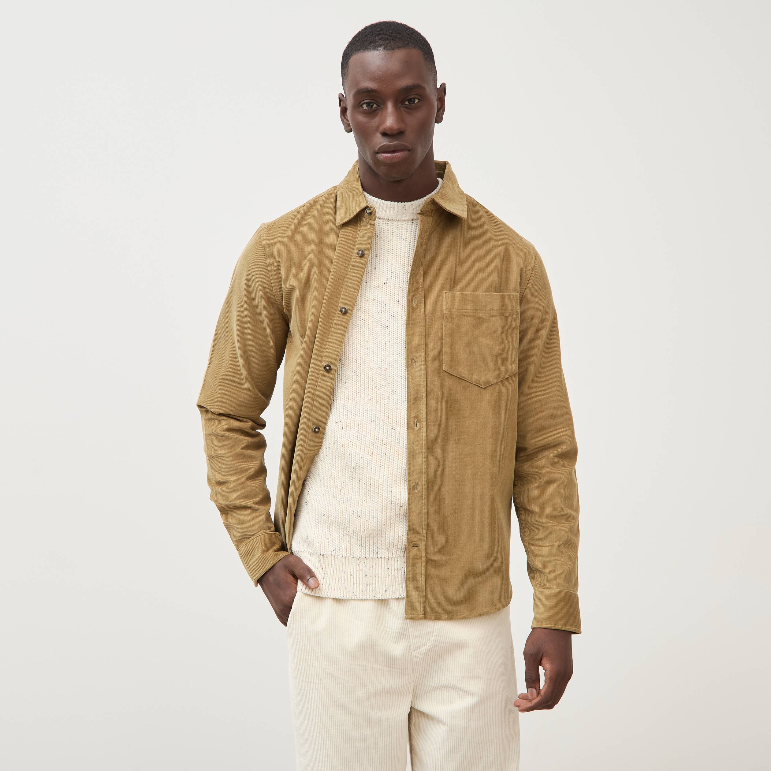 Chemise col classique en velours vert kaki homme